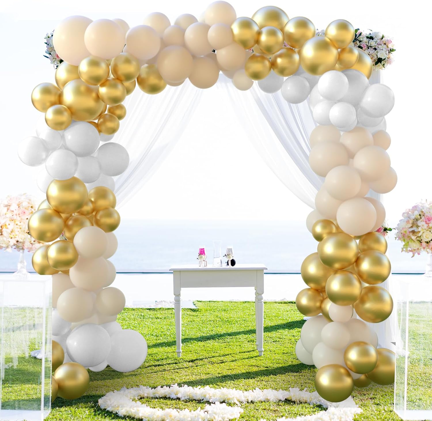 NEBURORA Kit de arco de guirnalda de globos de oro arena blanca, 60 piezas de 12 pulgadas, color blanco arena y dorado metálico para cumpleaños,