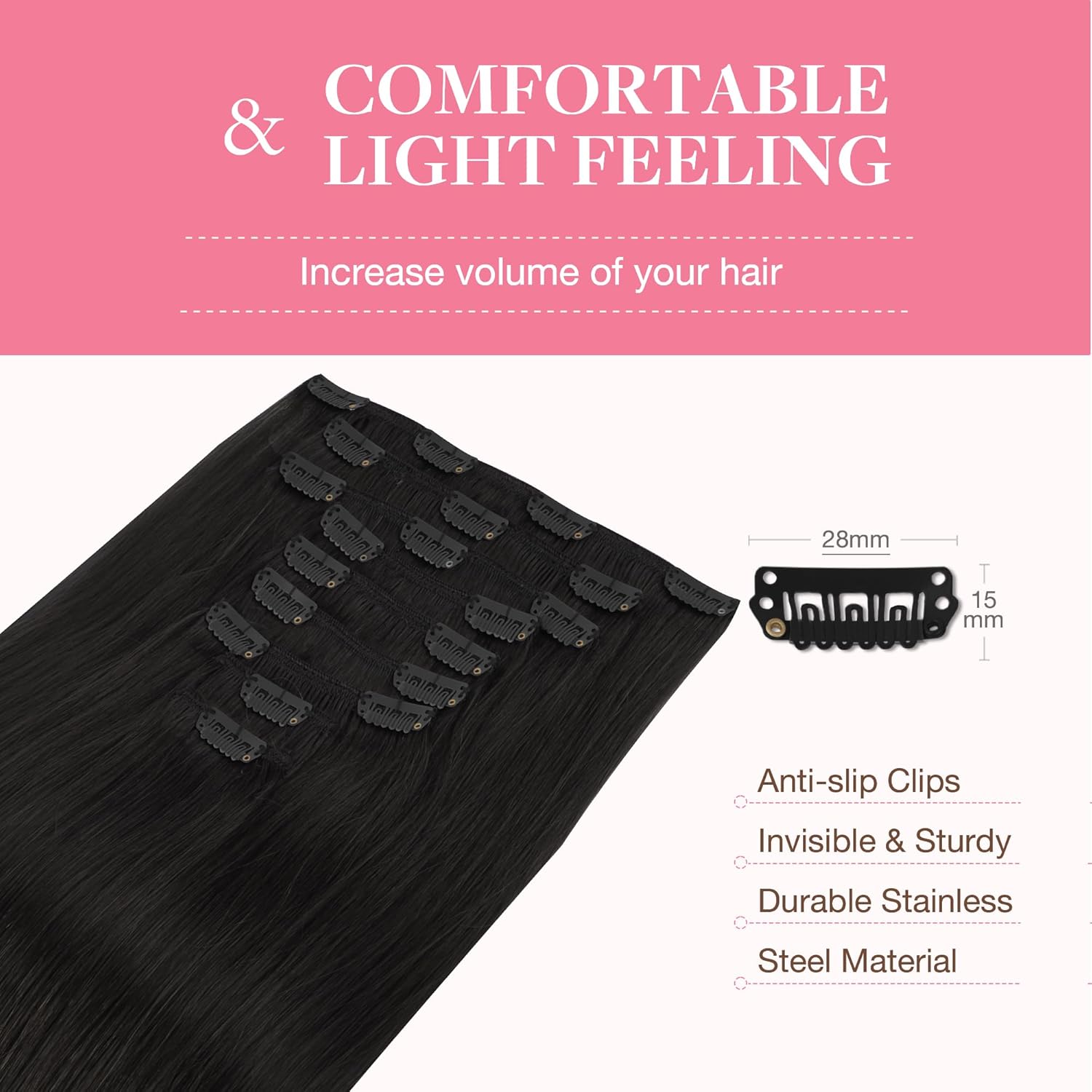 GOO GOO Extensiones de cabello humano con clip, 9 unidades, 4.53 oz, 18 pulgadas, extensiones de cabello Remy negro natural, extensiones de cabello