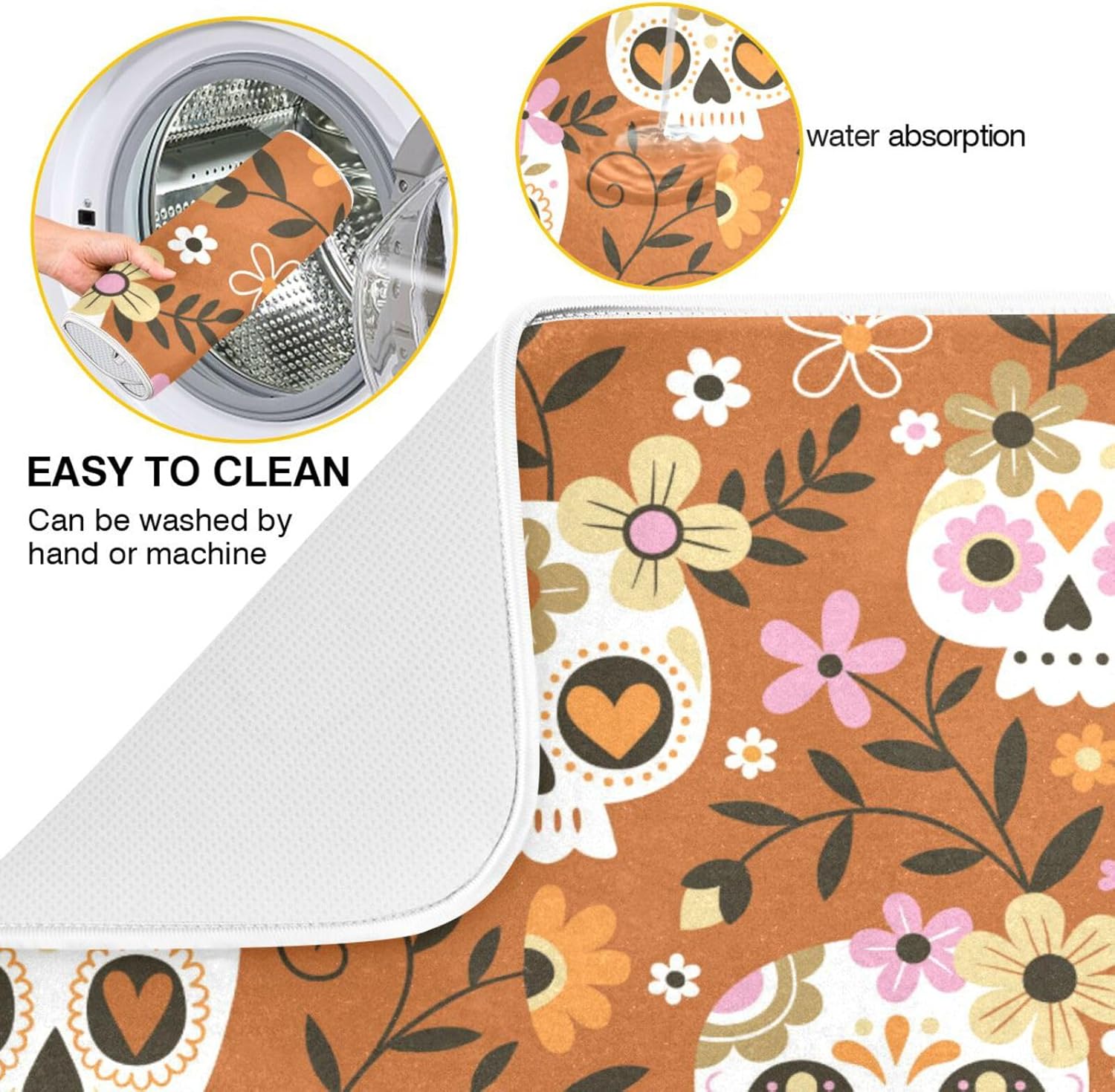 Cute Skull Dish Mat Washnable Absorbent Counter Top Accessories Kitchen Countertop Pad Tapete Para Cocina 16” x 18”