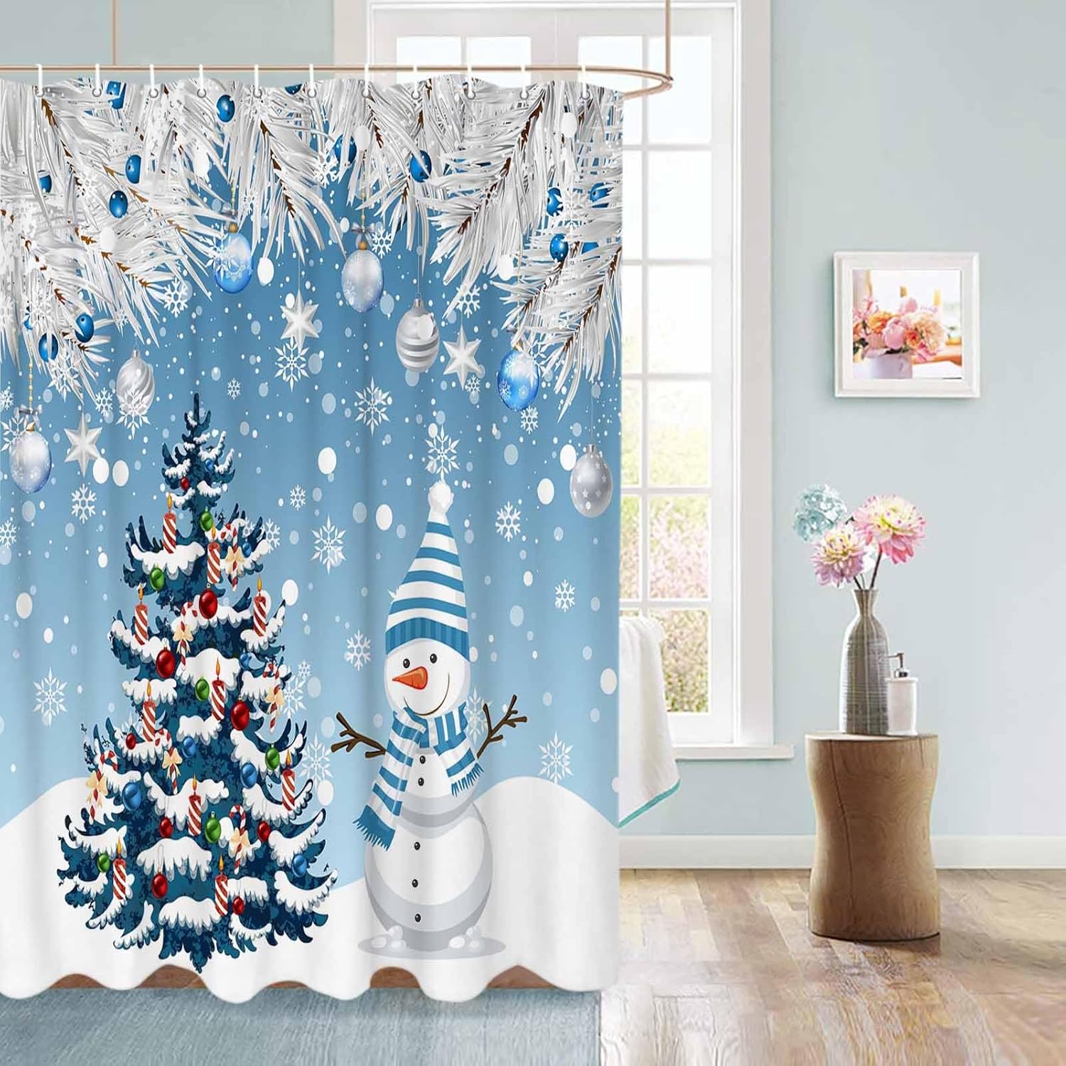 Meet 1998 Juego de cortinas de ducha de Navidad con 12 ganchos, cortinas de ducha impermeables de muñeco de nieve azul, cortina de ducha de copo de