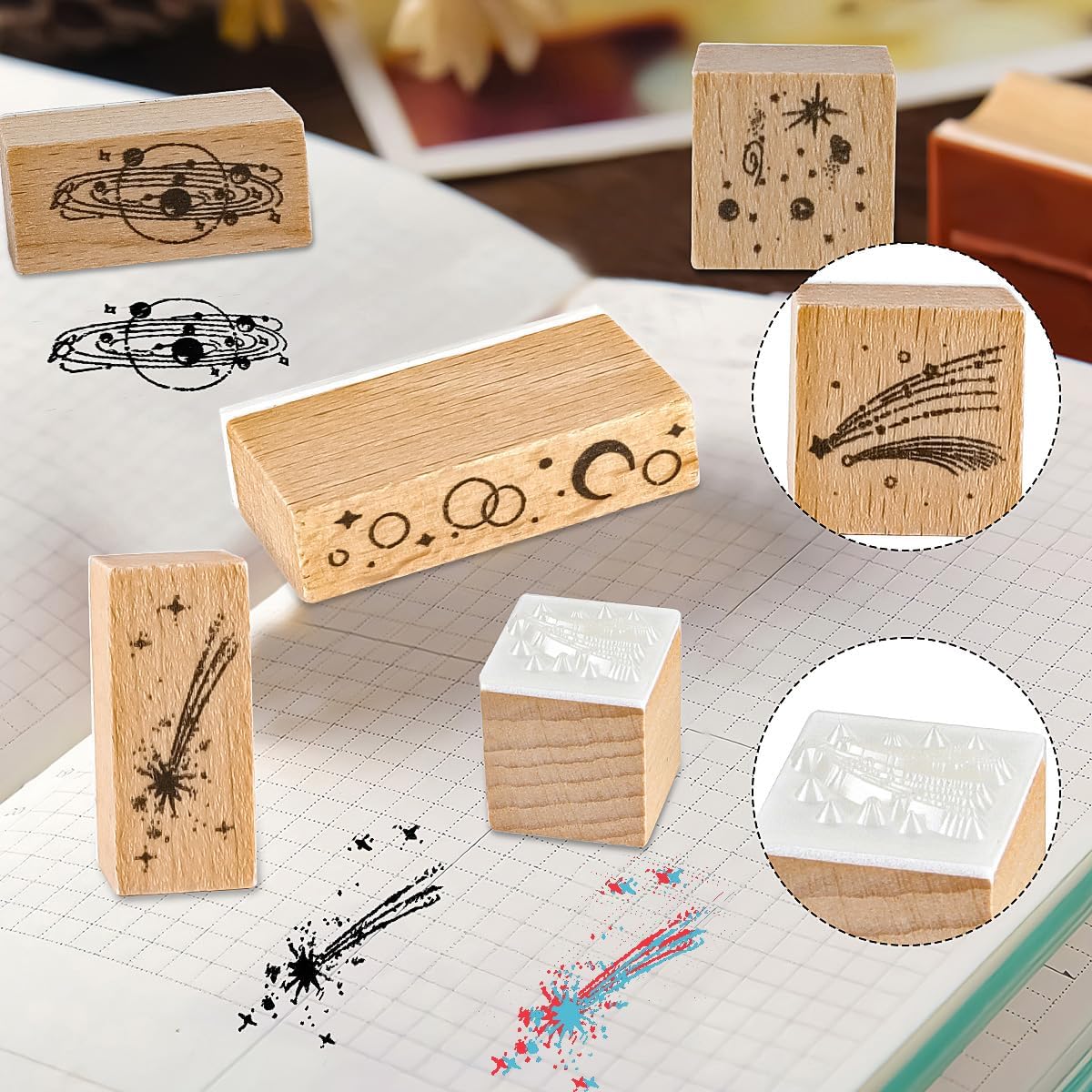 Sello de goma con patrones de plantas de madera, juego de sellos de goma de madera decorativos estrellados para manualidades, tarjetas, álbumes de