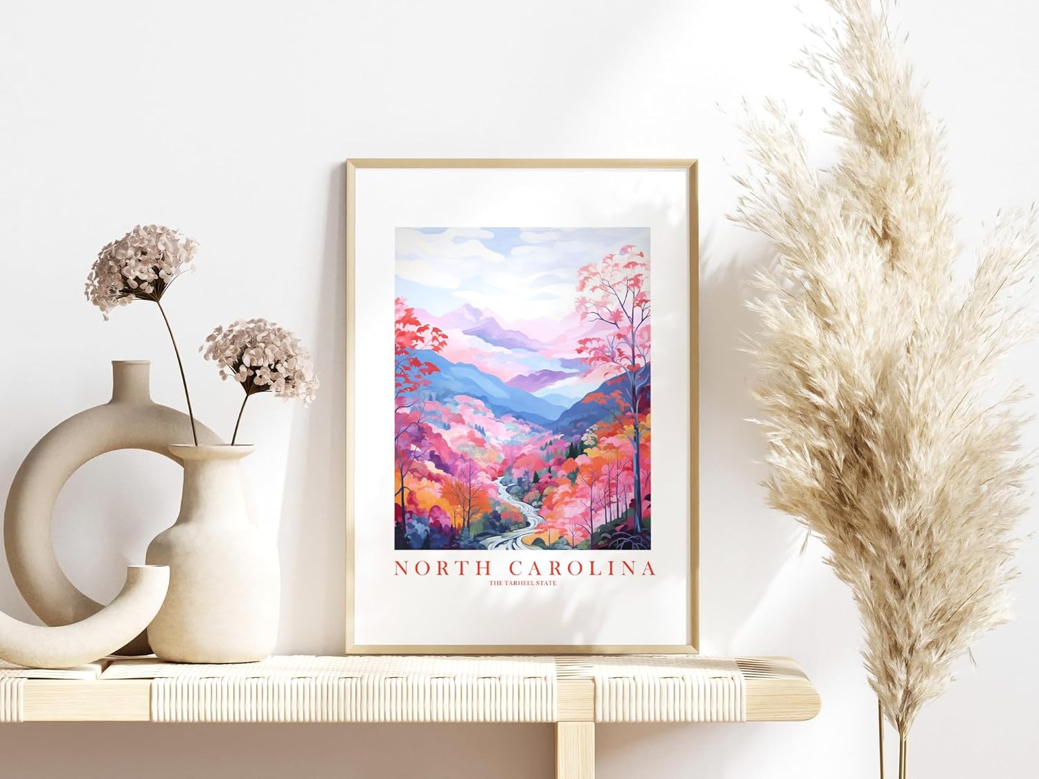 North Carolina Travel Print Tarheel State Souvenir NC Nature Pink Orange Blue Wall Art Landscape Poster Scenic Vista (13×19 inches)