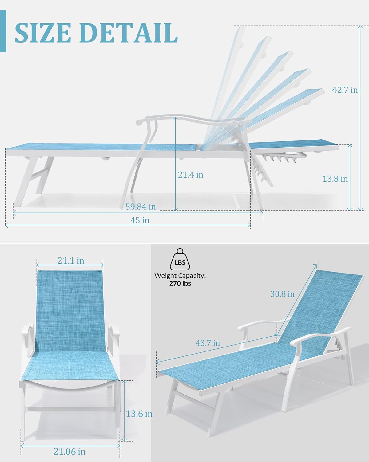 VredHom Juego de 2 sillones para exteriores, tumbonas para patio, 5 posiciones, respaldo ajustable, reclinable, reposabrazos ergonómico, para todo