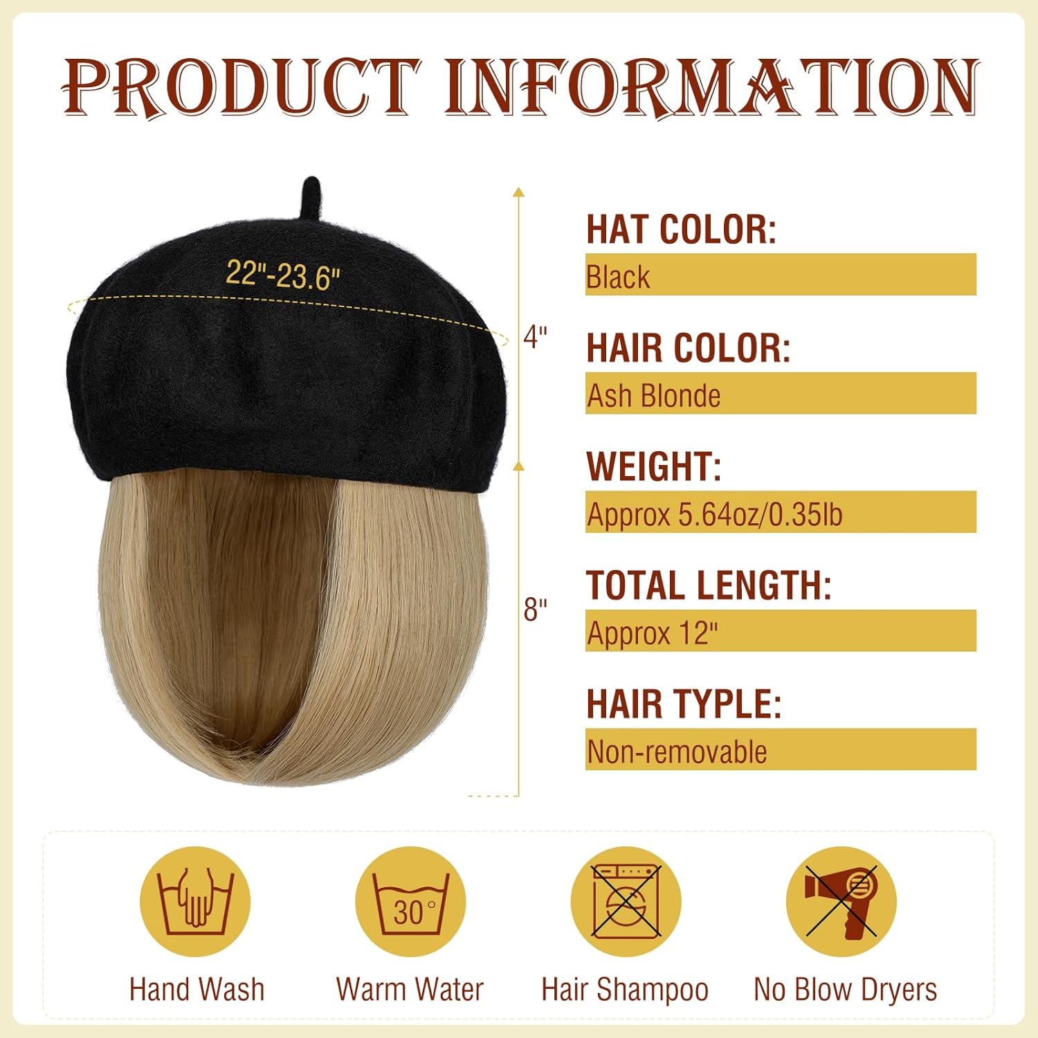 Gorro de boina con extensiones de cabello, sombrero clásico de lana francesa adjunta, 12 pulgadas, lacio, corto, Bob sintético, para mujer, rubio