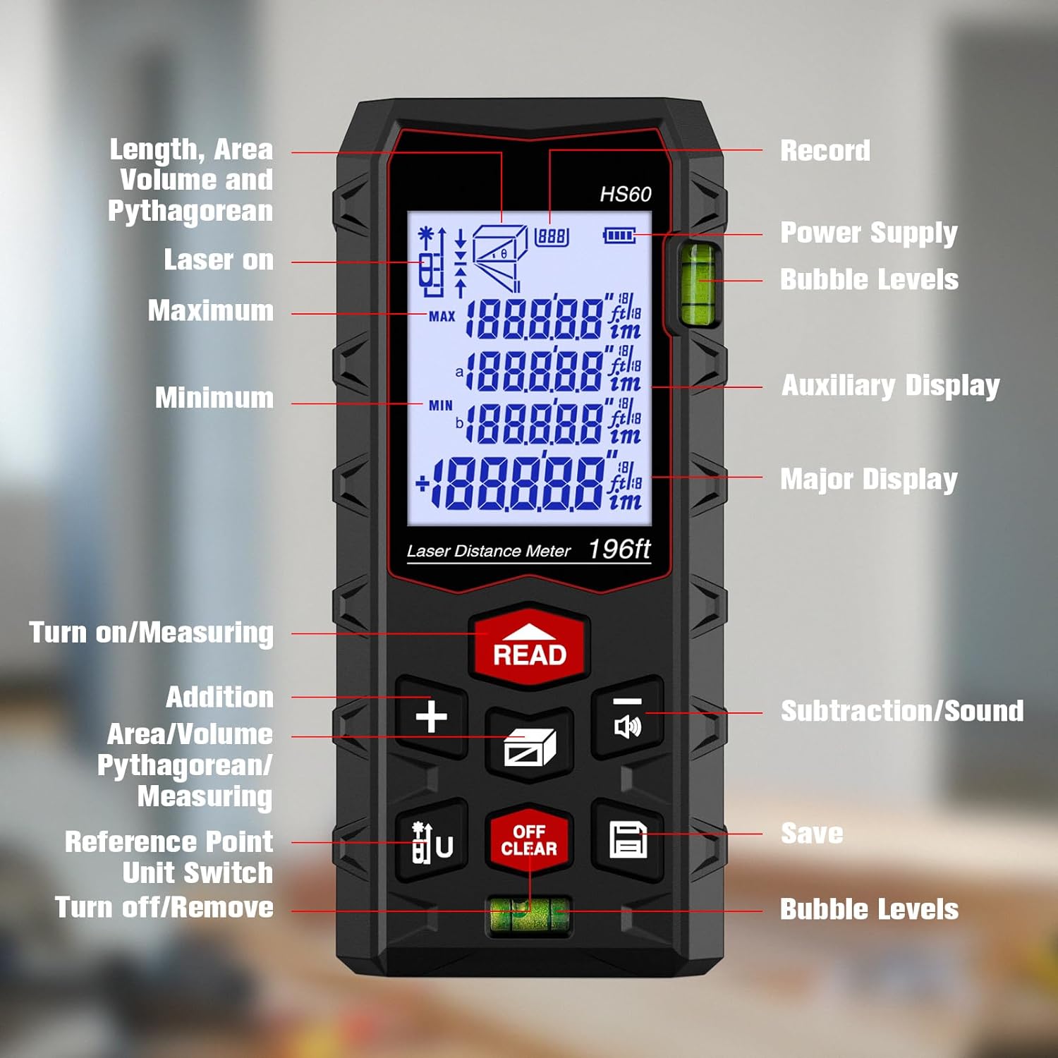 Laser Measure 196ft, Charcity Laser Distance Meter 60M(MinF) with 2 Bubble Levels, Mute Function IP54 Waterproof Large LCD Backlit, for Pythagorean