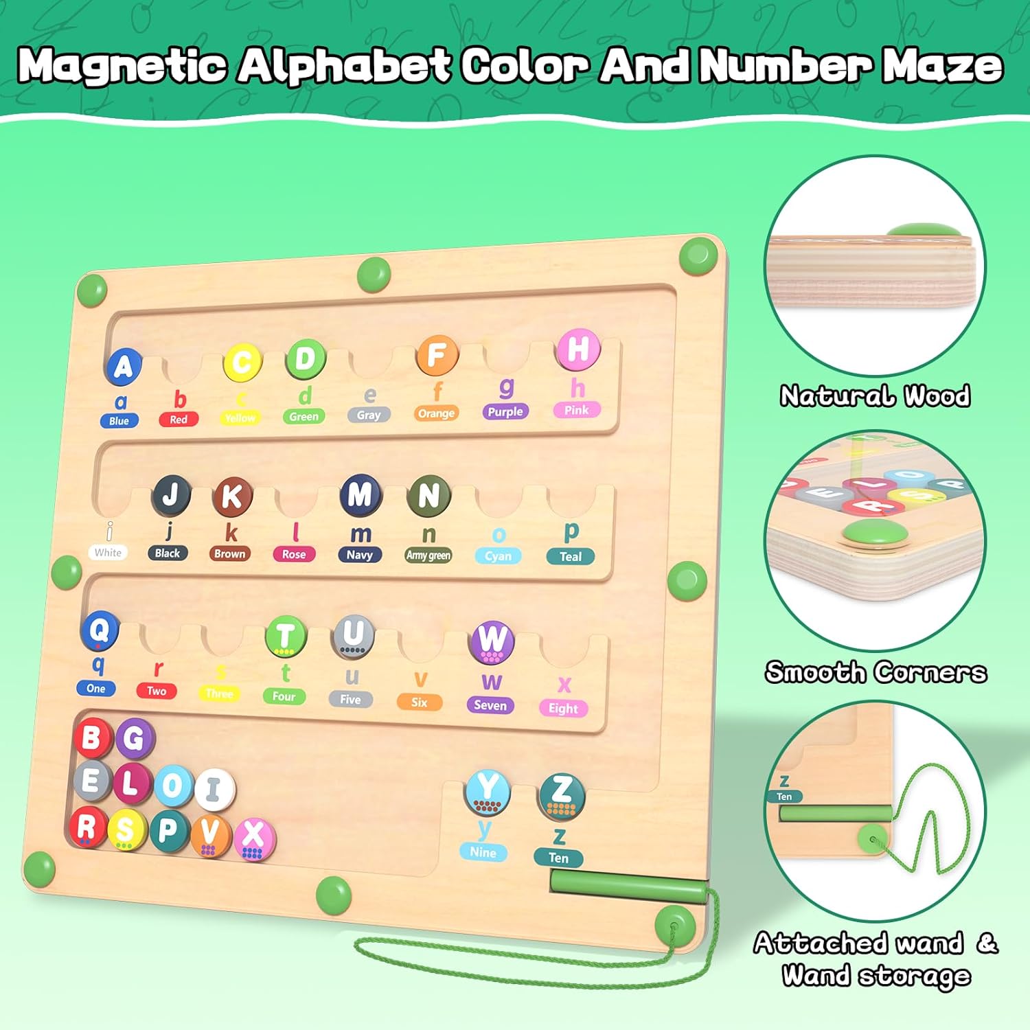 TUEVAK Tablero magnético del laberinto del alfabeto, rompecabezas de aprendizaje ABC, juguetes de clasificación de colores y números para niños