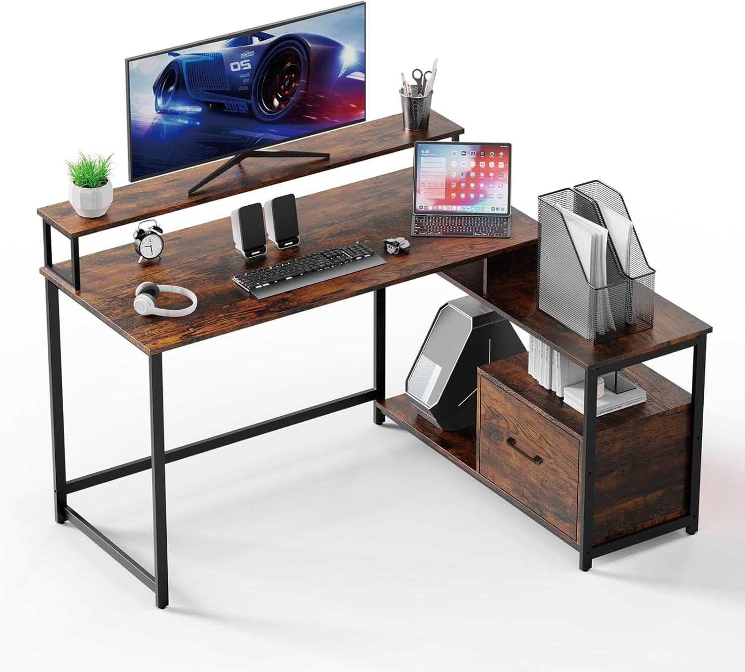 Escritorio para computadora con cajones de archivos, escritorio de oficina en casa de 55 pulgadas con estantes y soporte para monitor, tomas de