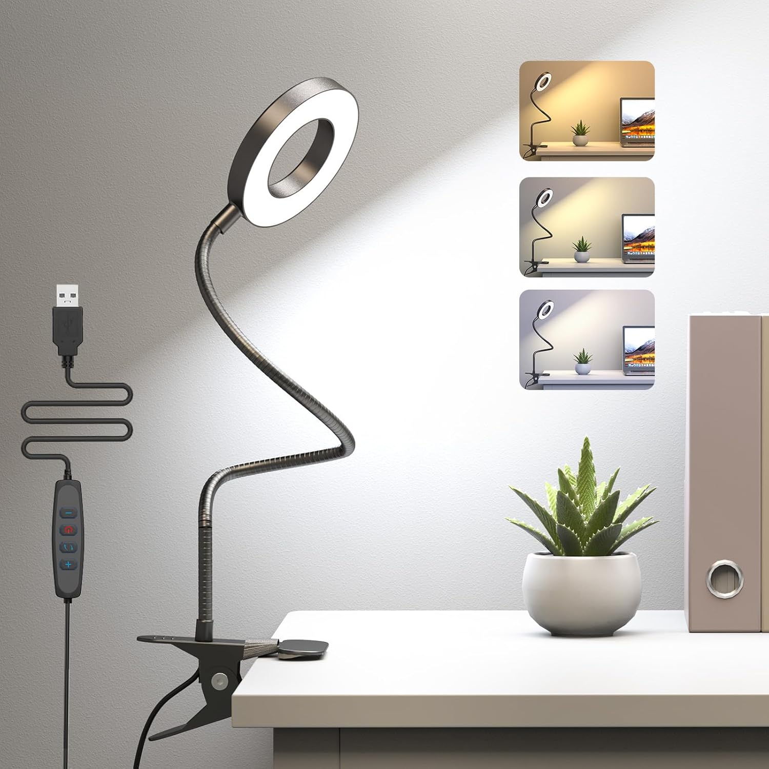 KEXIN Lámpara de mesa con clip, 3 modos de color, 10 brillos con abrazadera para el cuidado de los ojos, lámpara de lectura regulable, lámpara de