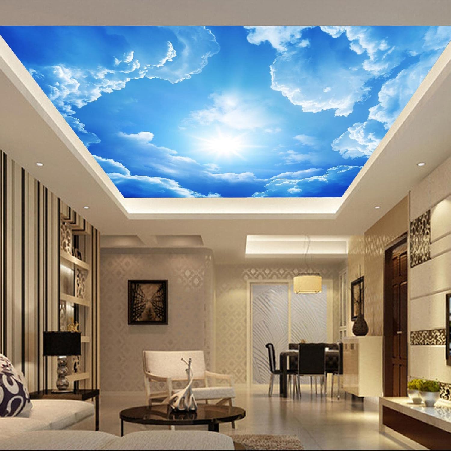 Papel tapiz 3D de cielo azul y nubes blancas para techo, papel tapiz de paisaje removible, espacio mural, sala de estar, dormitorio, TV, telón de