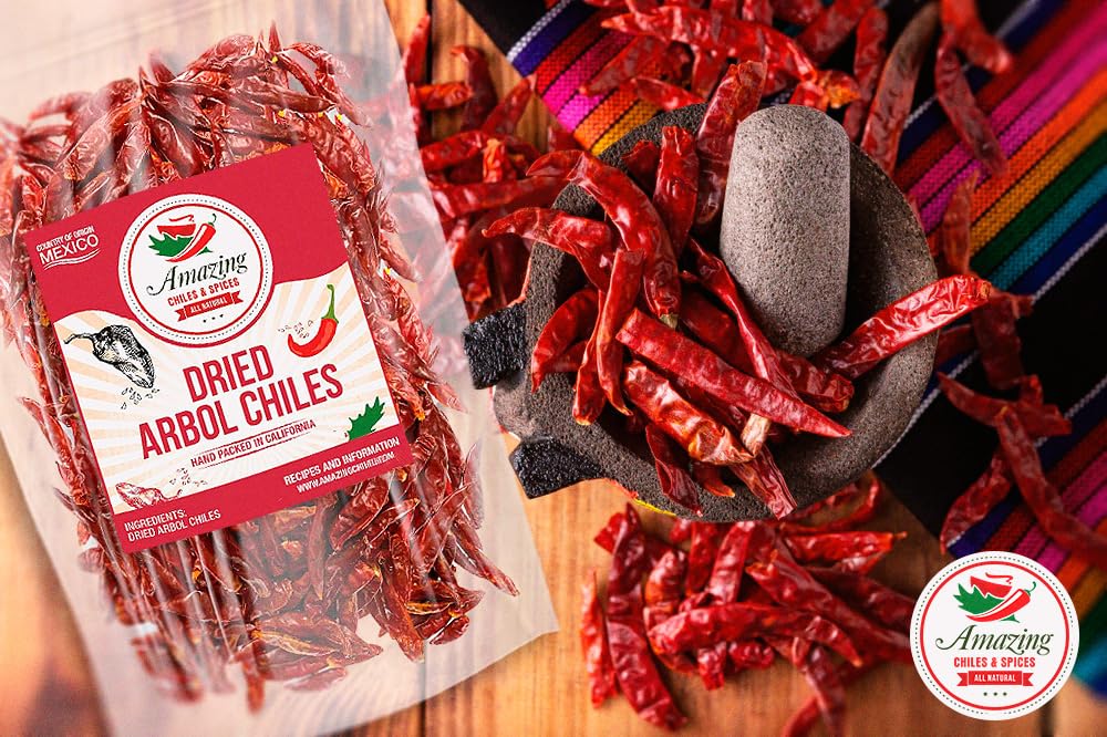 Chile De Arbol 8oz – Pimientos rojos enteros secos, sin tallo de primera calidad, bolsa resellable. Uso en platos mexicanos, chinos y tailandeses.