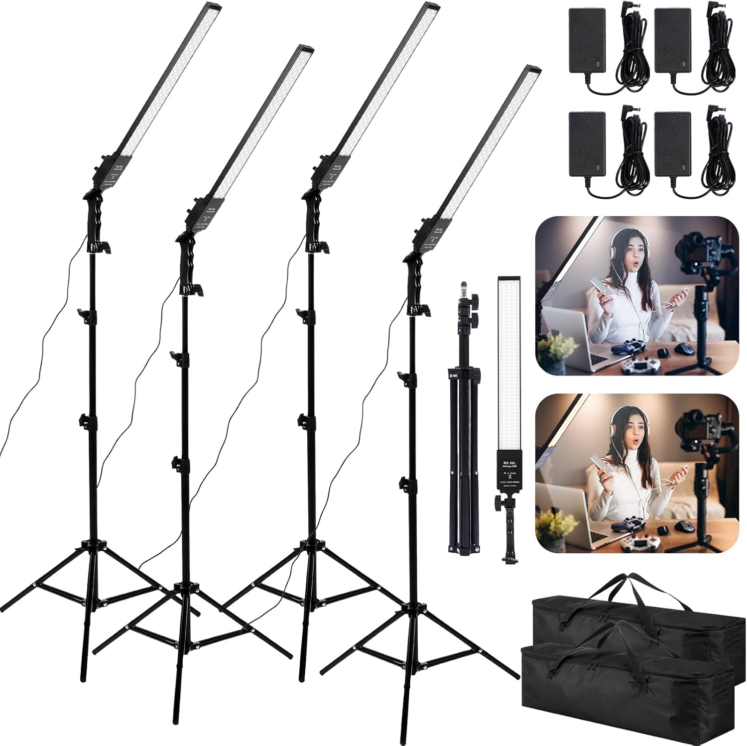 Xuhal Juego de 2 varitas de iluminación LED bicolor, luces de fotografía ajustables con trípode de 22-63 pulgadas, 3200K-5500K, 192 luces de relleno