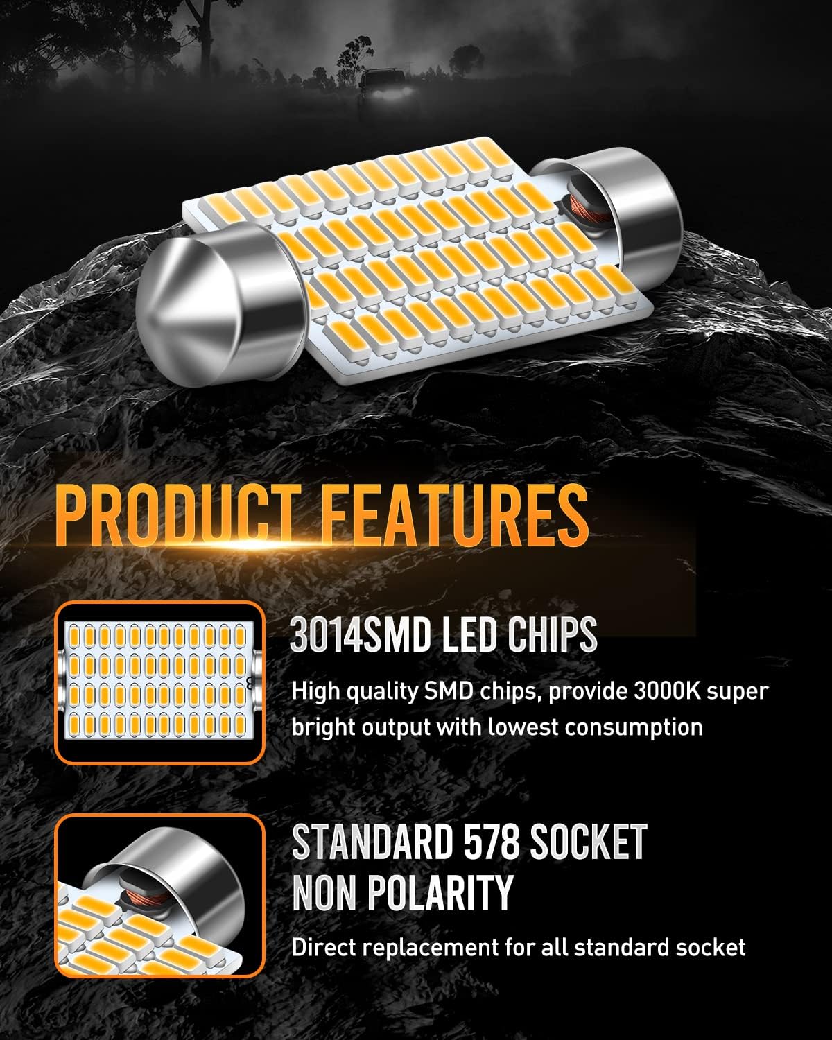 LUYED 300% Super Bright 3014 48-EX Chipsets 569 578 211-2 212-2 Bombillas LED utilizadas para luz de domo, blanco cálido (paquete de 2)