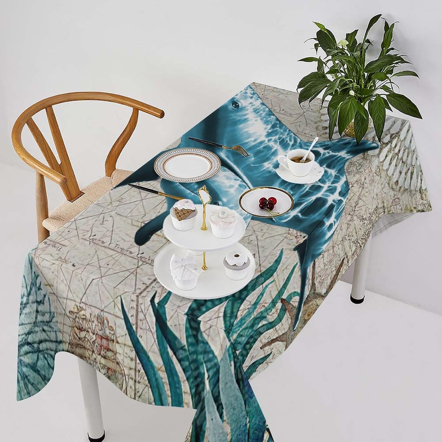 Mantel rectangular con temática de paisaje de animales marinos, mantel de picnic de 55 x 55 pulgadas, mantel para mesa de picnic al aire libre para