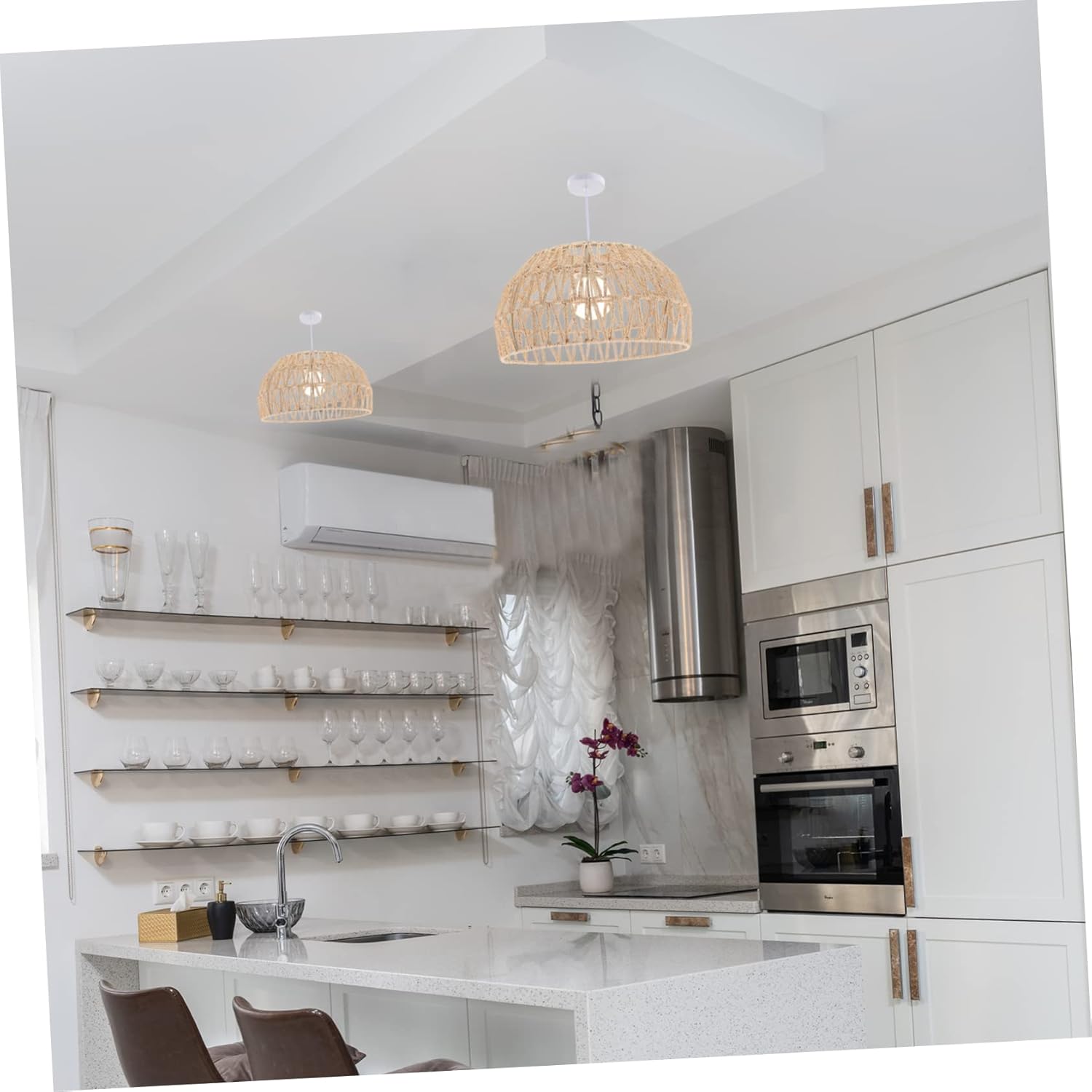 DOITOOL Pantalla de cuerda de papel de ratán de imitación, luces colgantes, lámparas rústicas para interiores, lámparas de techo de ratán de
