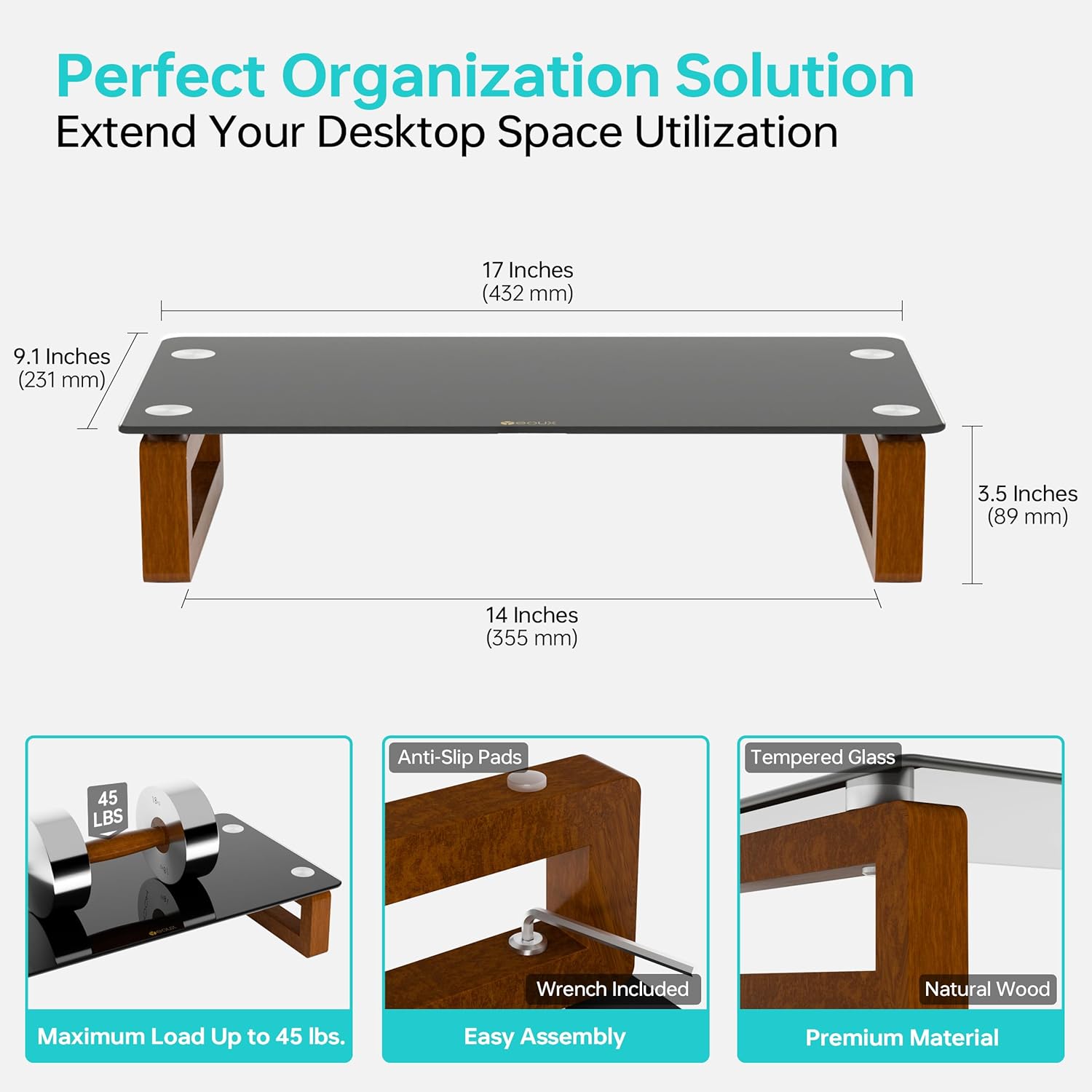 YEOUX Soporte elevador de cristal negro para monitor de computadora con base de madera para pantalla plana LCD, TV LED, portátil, impresora, soporte