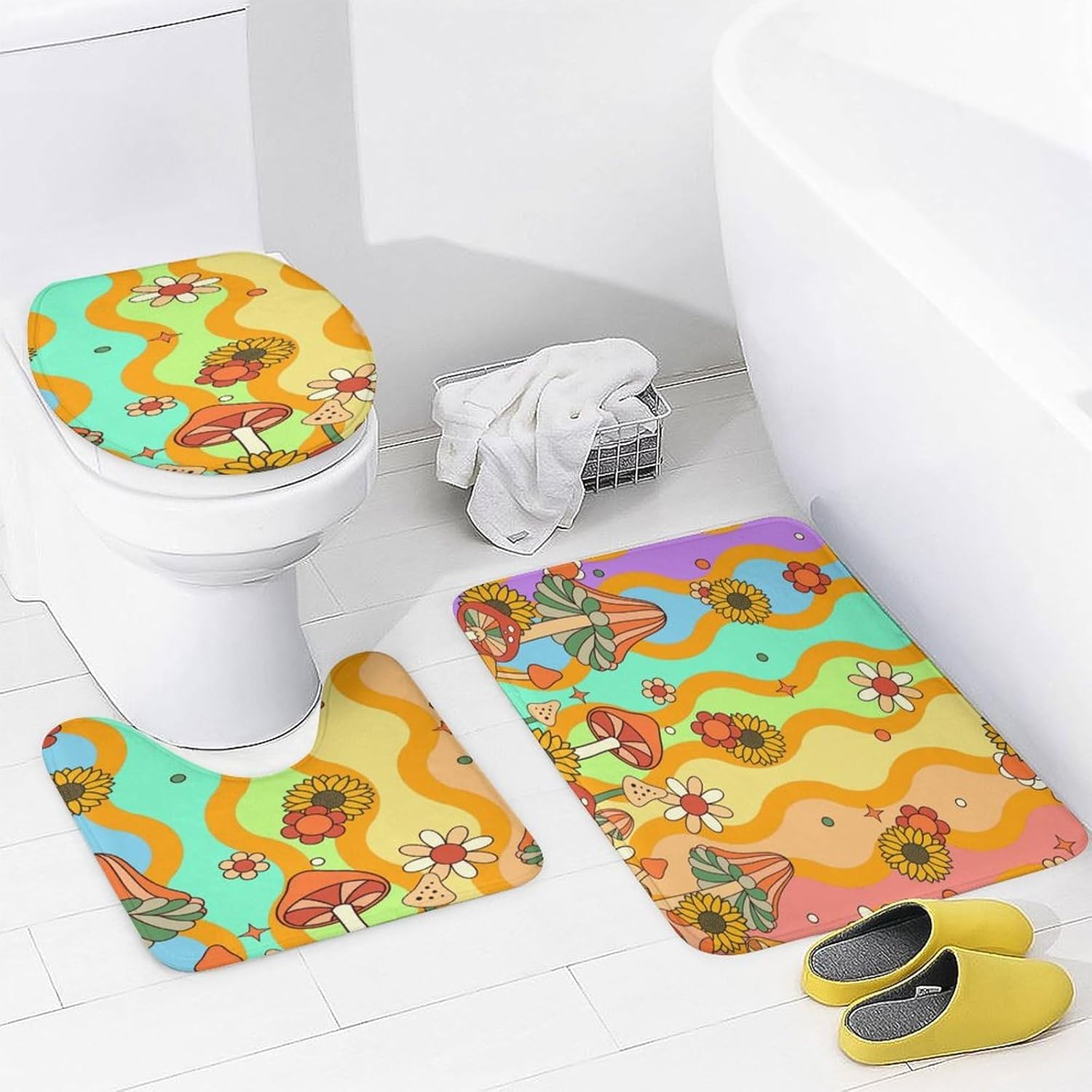 Brebasf – Juego de 4 cortinas de ducha impermeables con diseño de hongos bohemios y retro, diseño de girasol, diseño de hongos florales, con
