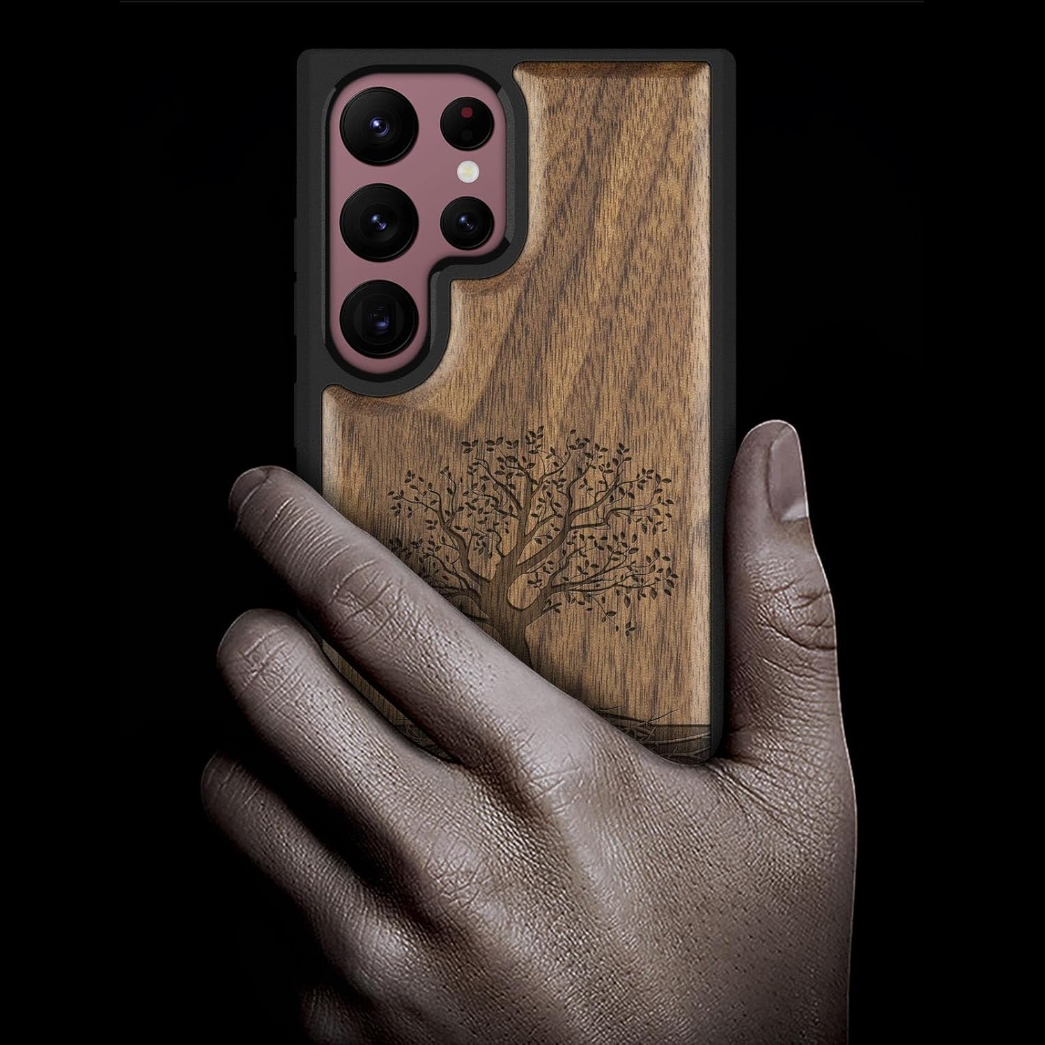 Carveit Funda de madera para Galaxy S22 Ultra 2022 madera natural y TPU suave negro a prueba de golpes, funda de madera única y elegante compatible