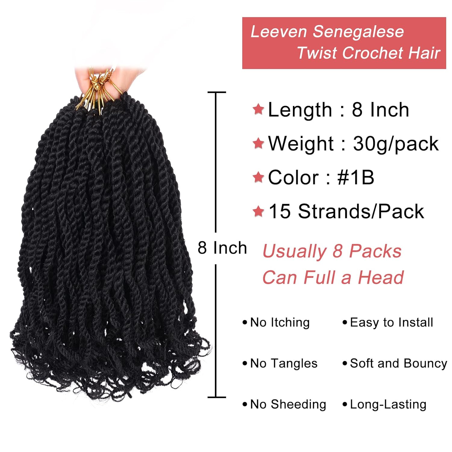 Leeven Paquete de 8 paquetes de cabello ondulado senegalés con extremos rizados, trenzas de ganchillo cortas preenlazadas de 8 pulgadas, trenzas de
