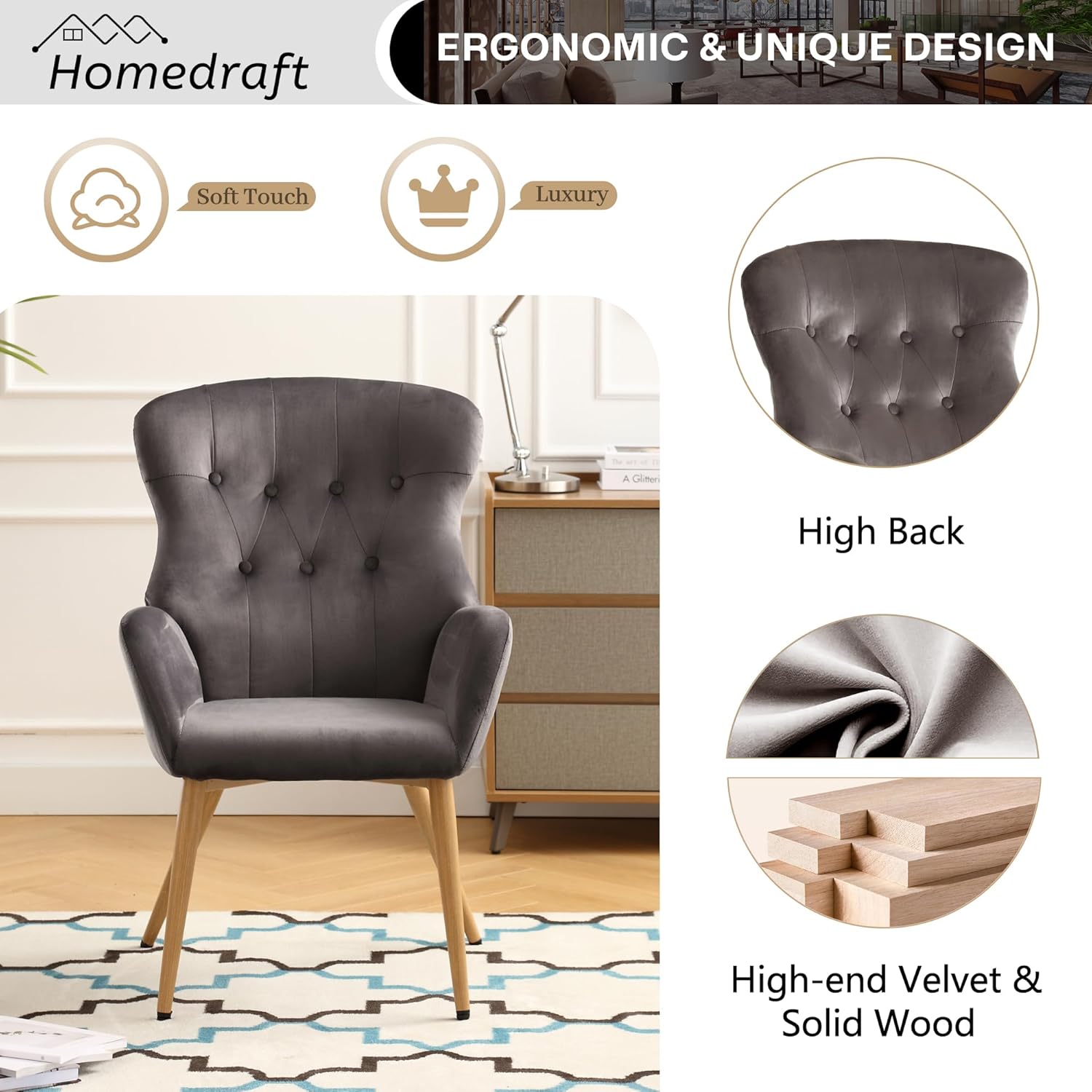 Silla decorativa de terciopelo, silla de lectura copetuda con botones con respaldo de ala alta grande, cómoda silla de tocador tapizada con patas de