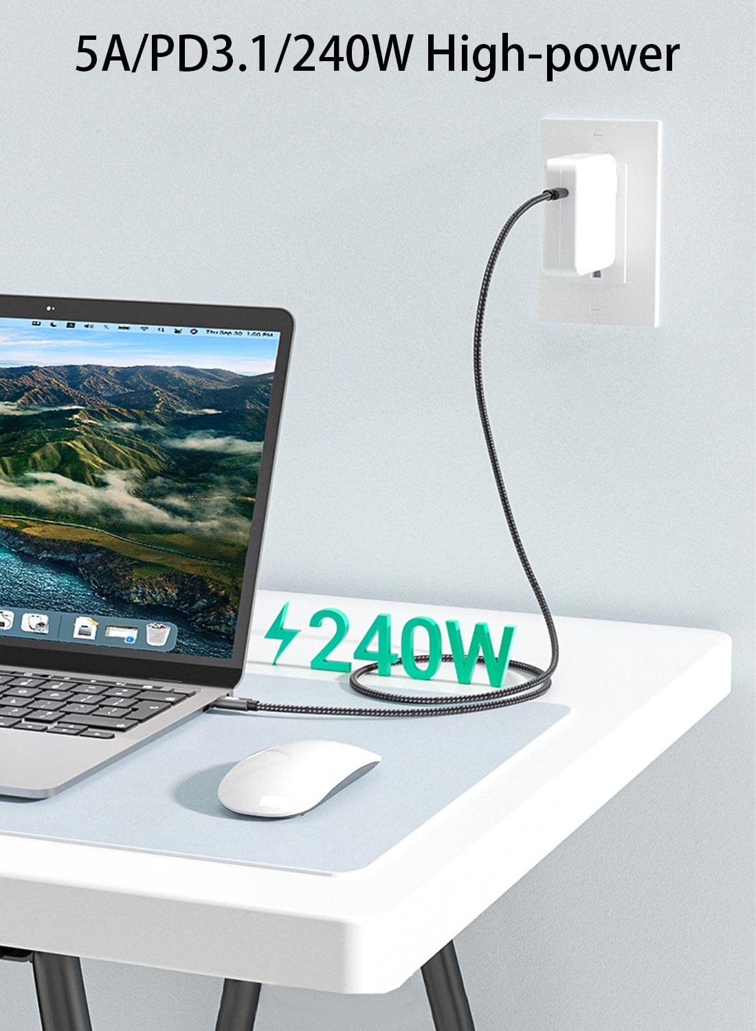 Cable USB-C a USB-C de 20 pies de 240 W, cargador tipo C a tipo C, cable de carga rápida MacBook compatible con MacBook Pro, iPad Air Mini 6,