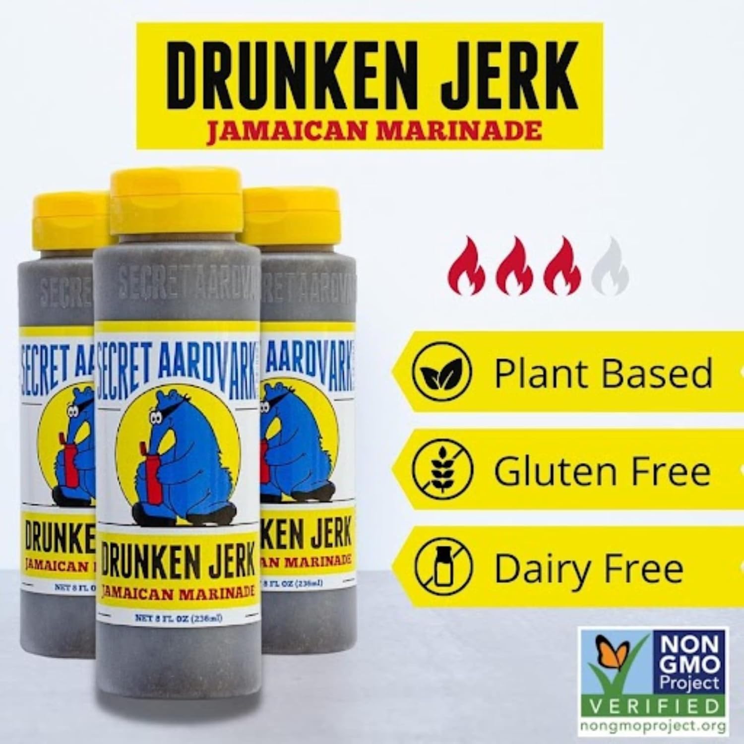 Secret Aardvark Drunken Jerk – Salsa picante jamaicana Jerk y marinada, hecha con condimento jamaicano Jerk, salsa de soja y pimientos habaneros,