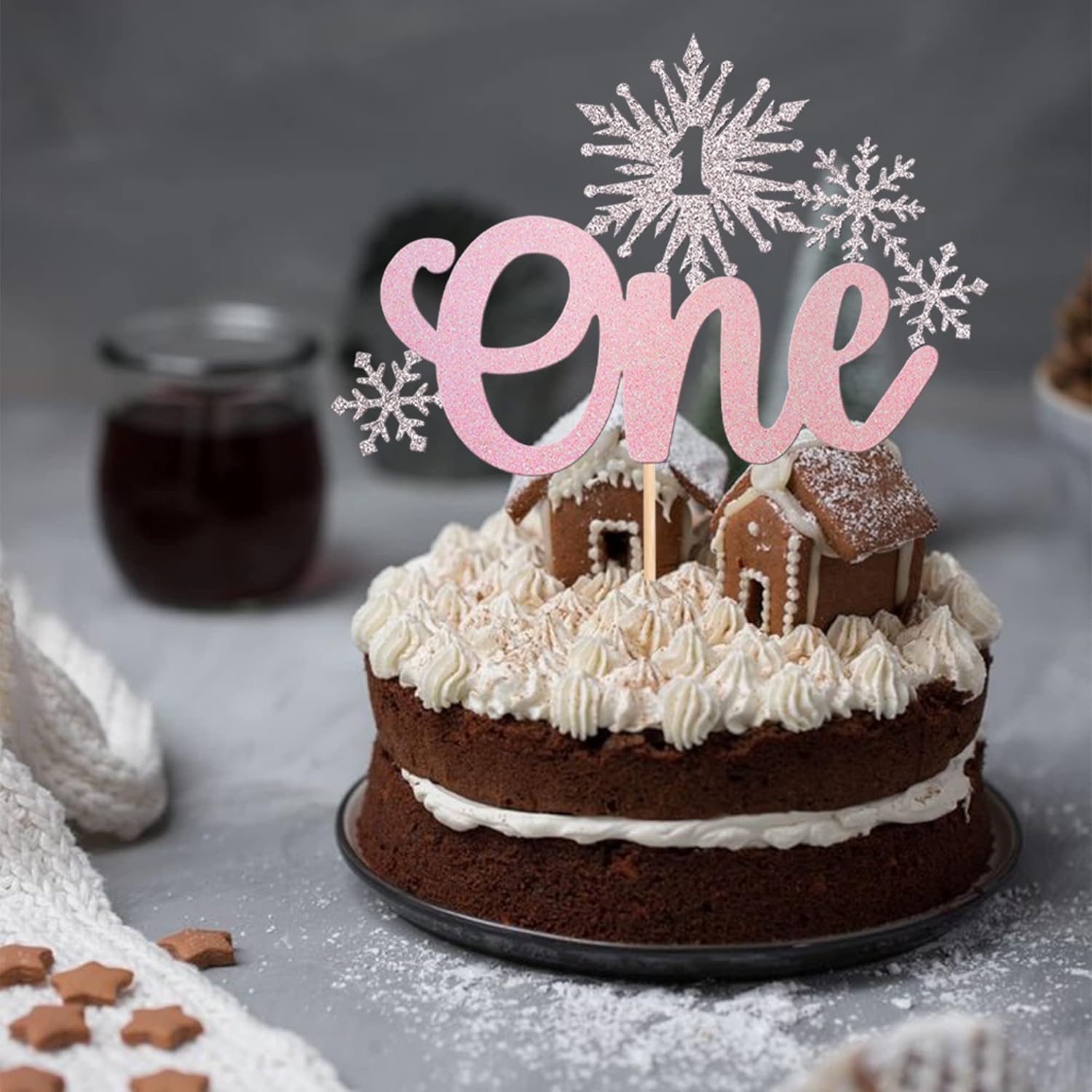 1 pieza de decoración de pastel de copo de nieve con purpurina temática de congelado de invierno para primer cumpleaños, copo de nieve, una