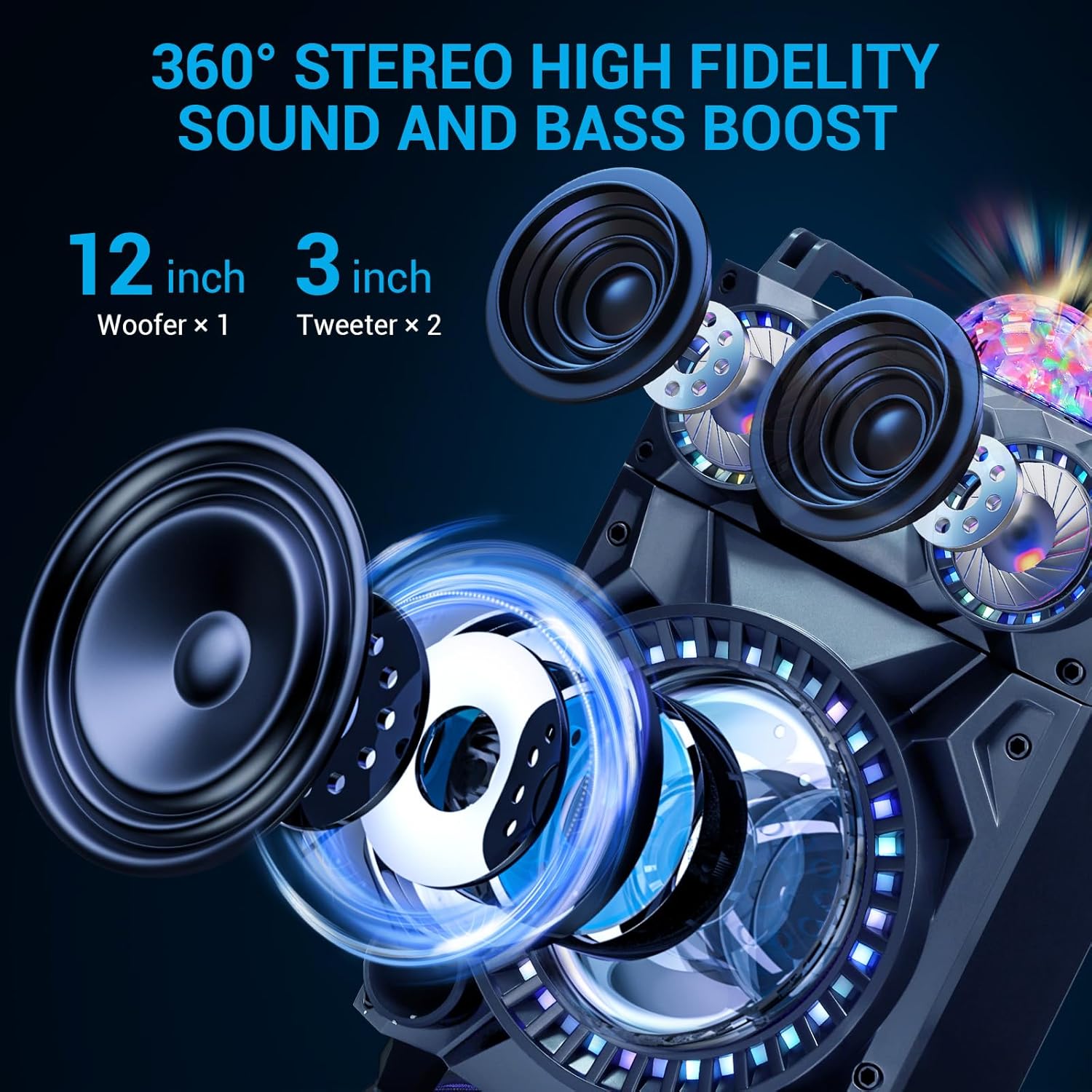 Altavoz inalámbrico de alta fidelidad Bluetooth portátil de 12 pulgadas, sistema PA recargable – Máquina de karaoke de potencia máxima de 3000 W con