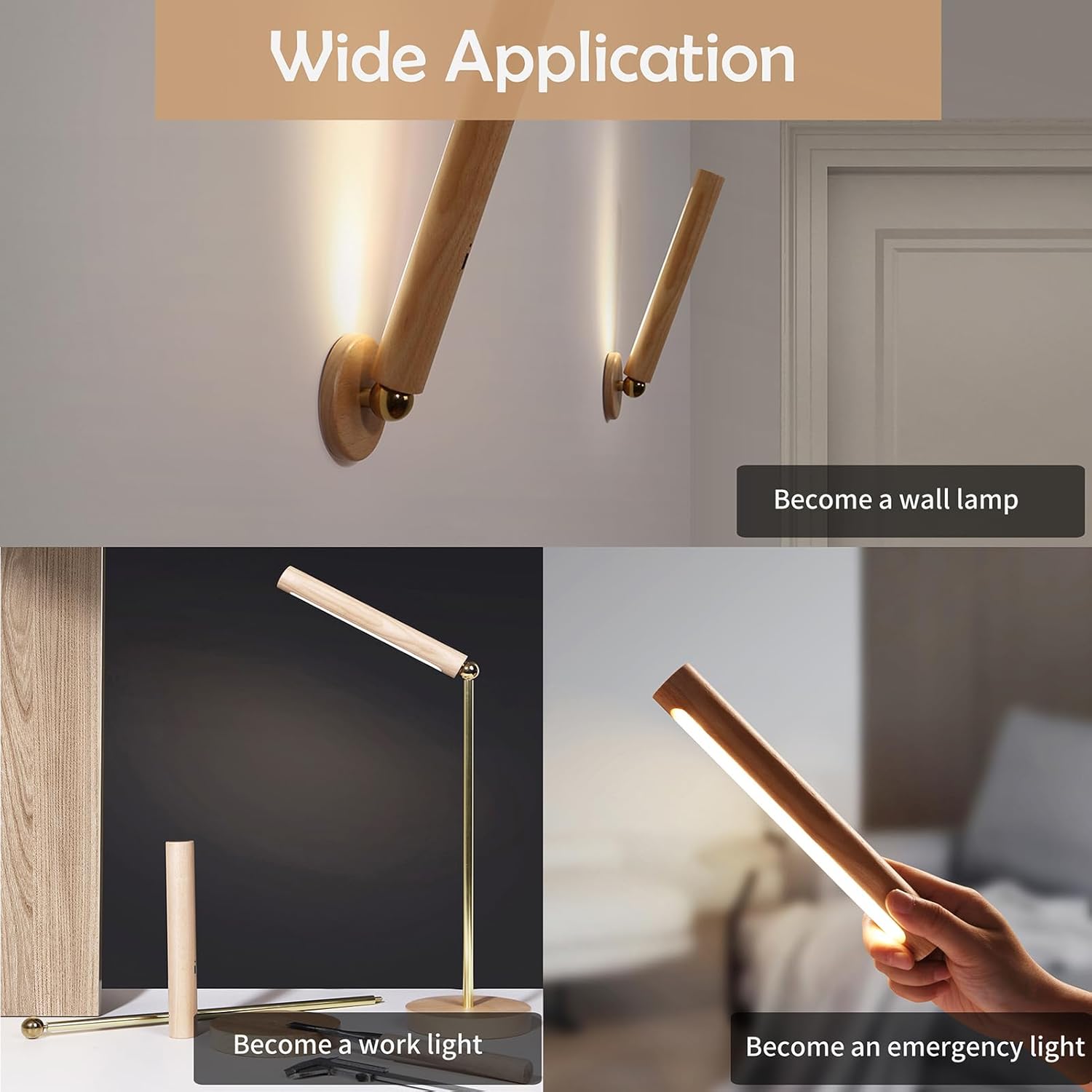 Lámpara de pared LED giratoria de 360, apliques de pared magnéticos recargables por USB, funciona con pilas, luz nocturna LED para el hogar (madera