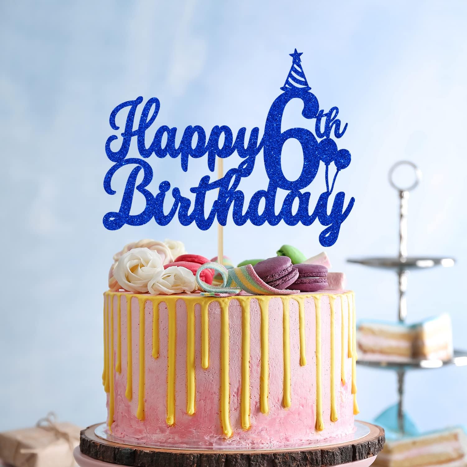 Decoración de pastel de feliz 6 cumpleaños, decoración de pastel de 6 años, para decoración de fiesta de cumpleaños de 6 años, purpurina azul