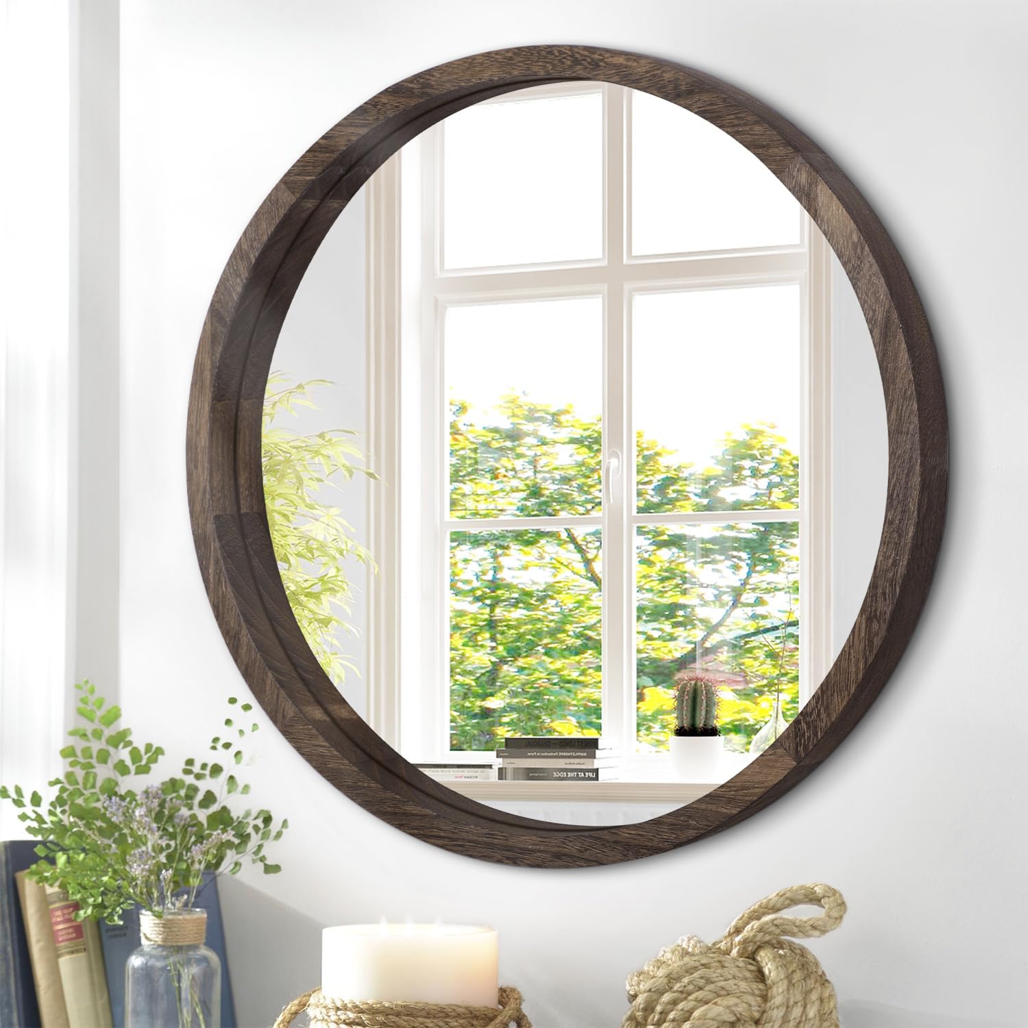 JJUUYOU Espejos redondos grandes para espejo circular de pared para baño, espejo circular redondeado de 20 pulgadas, con marco de madera, espejo de