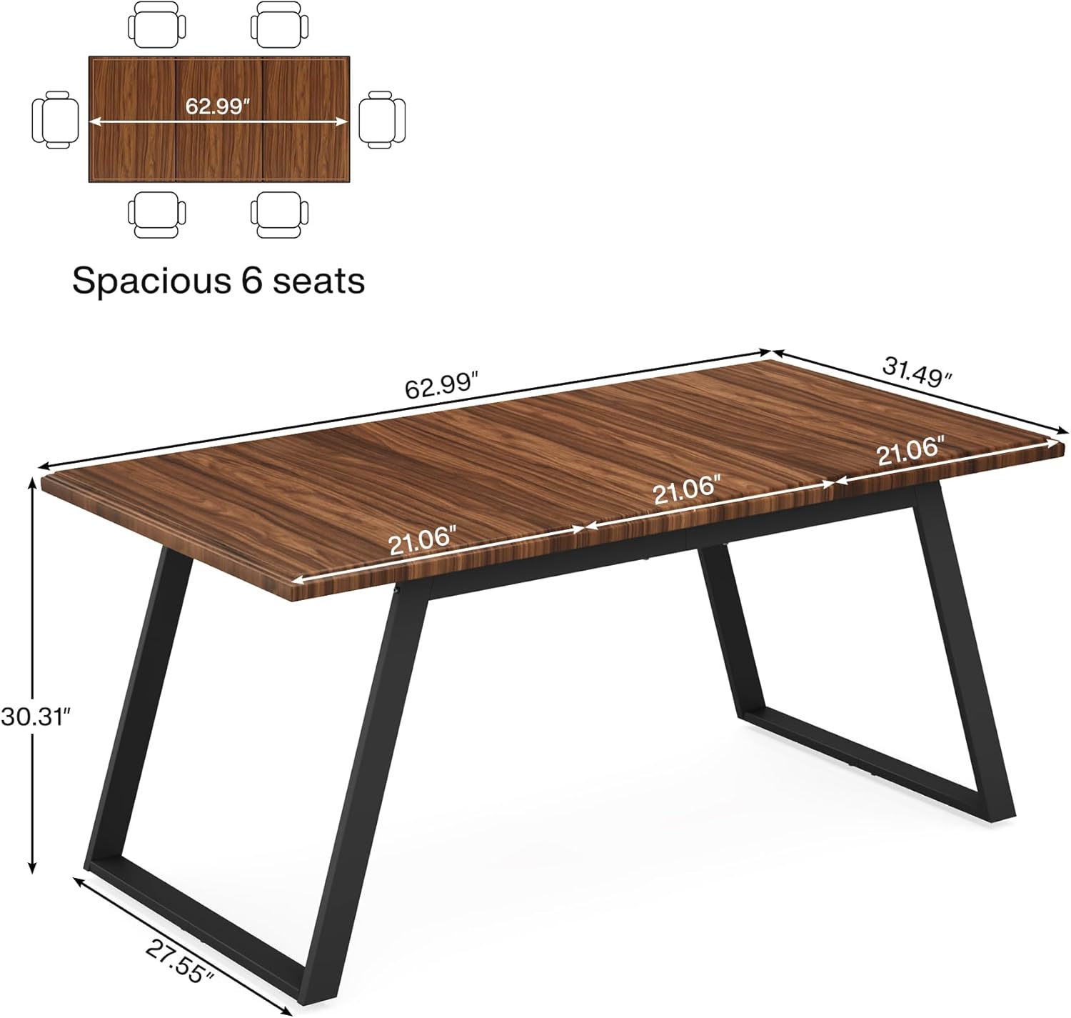 Tribesigns Mesa de comedor para 6 personas, mesa de cocina grande de madera de 63 pulgadas, mesa de comedor rectangular con patas de metal para