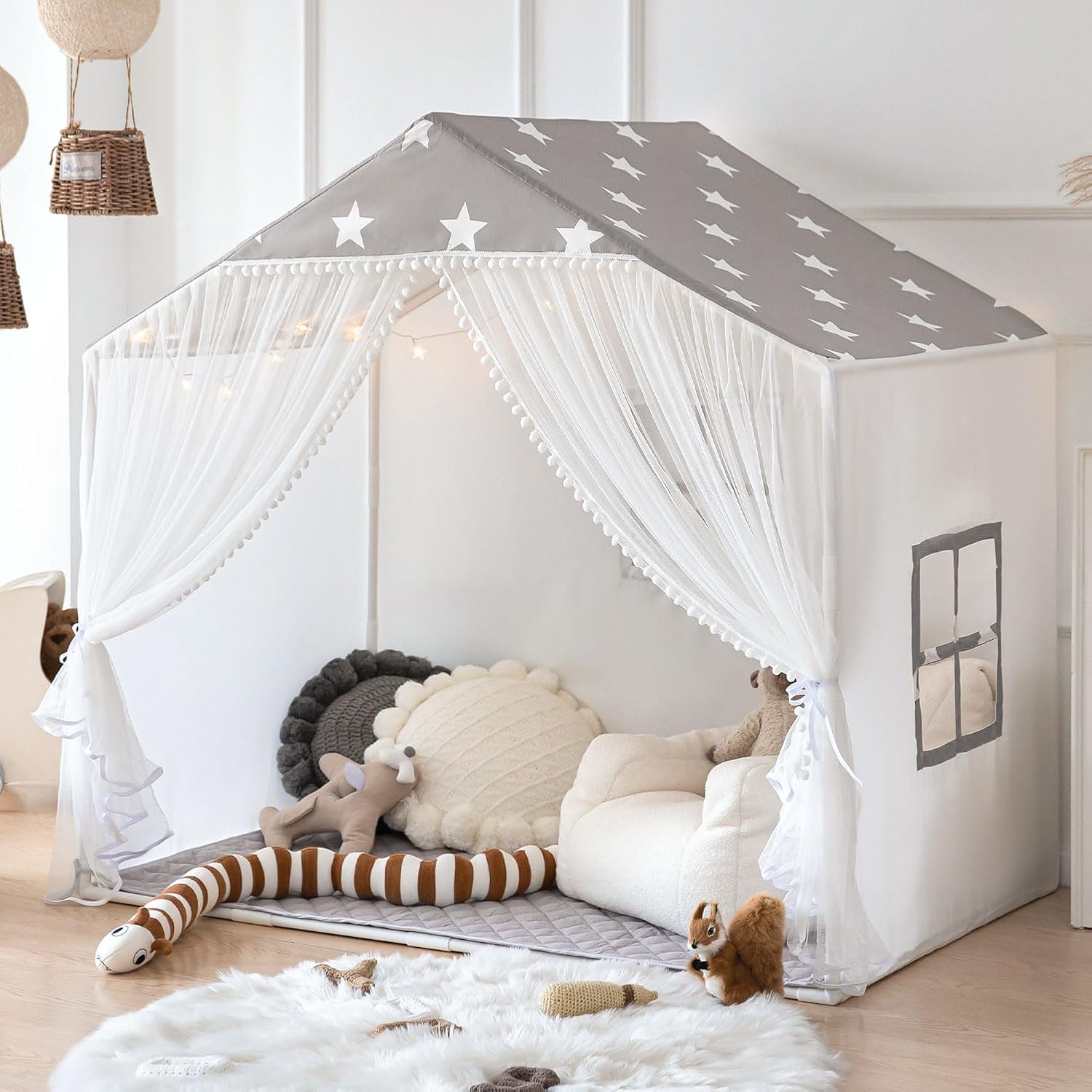Tienda de campaña para niños con alfombra, tienda de campaña grande con cortinas de puerta de pompones, casa de juegos para niños para niñas y