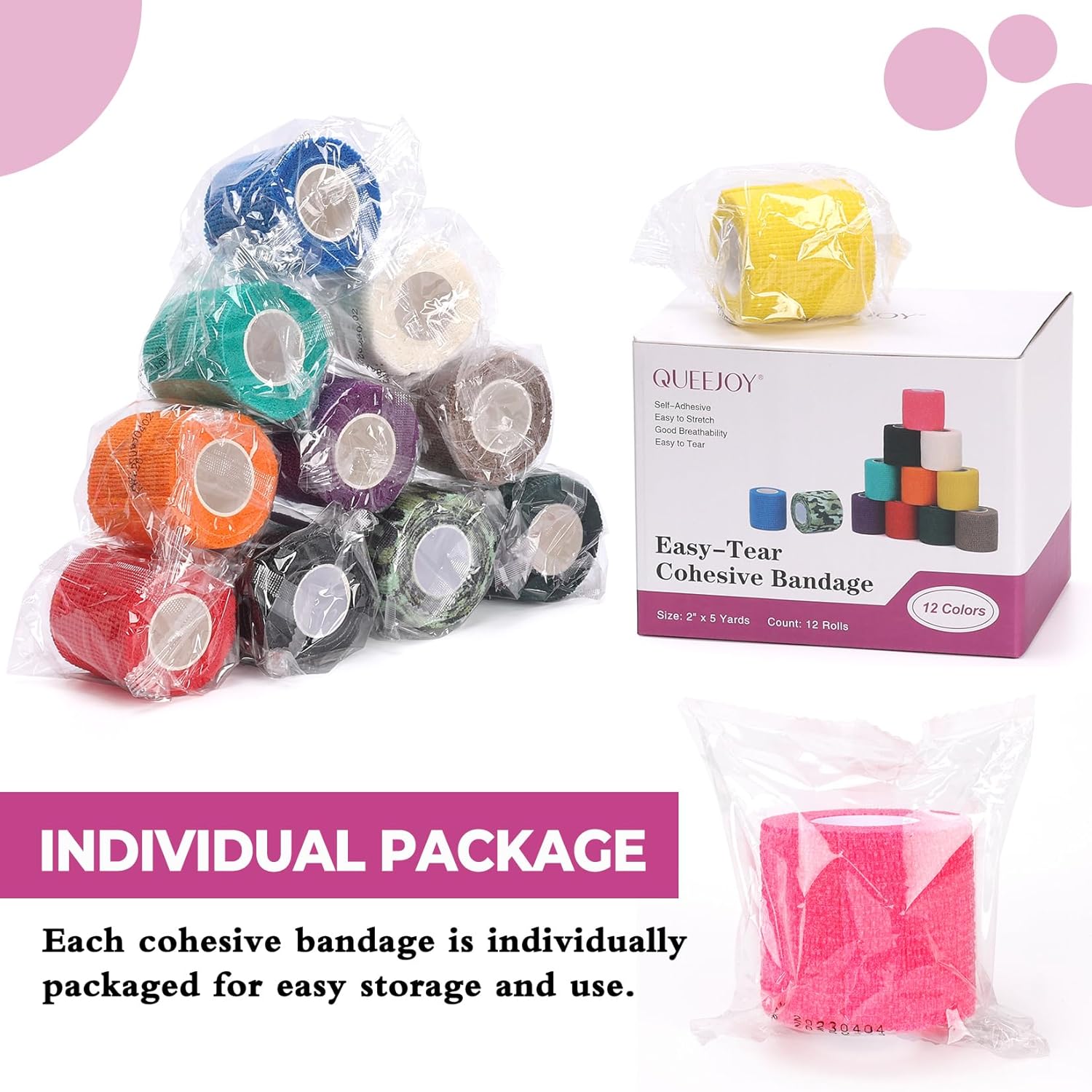 QUEEJOY 12 vendajes cohesivos, vendaje autoadhesivo de 2 pulgadas x 5 yardas, cinta adhesiva transpirable para muñeca y dedos, máquina de maquillaje