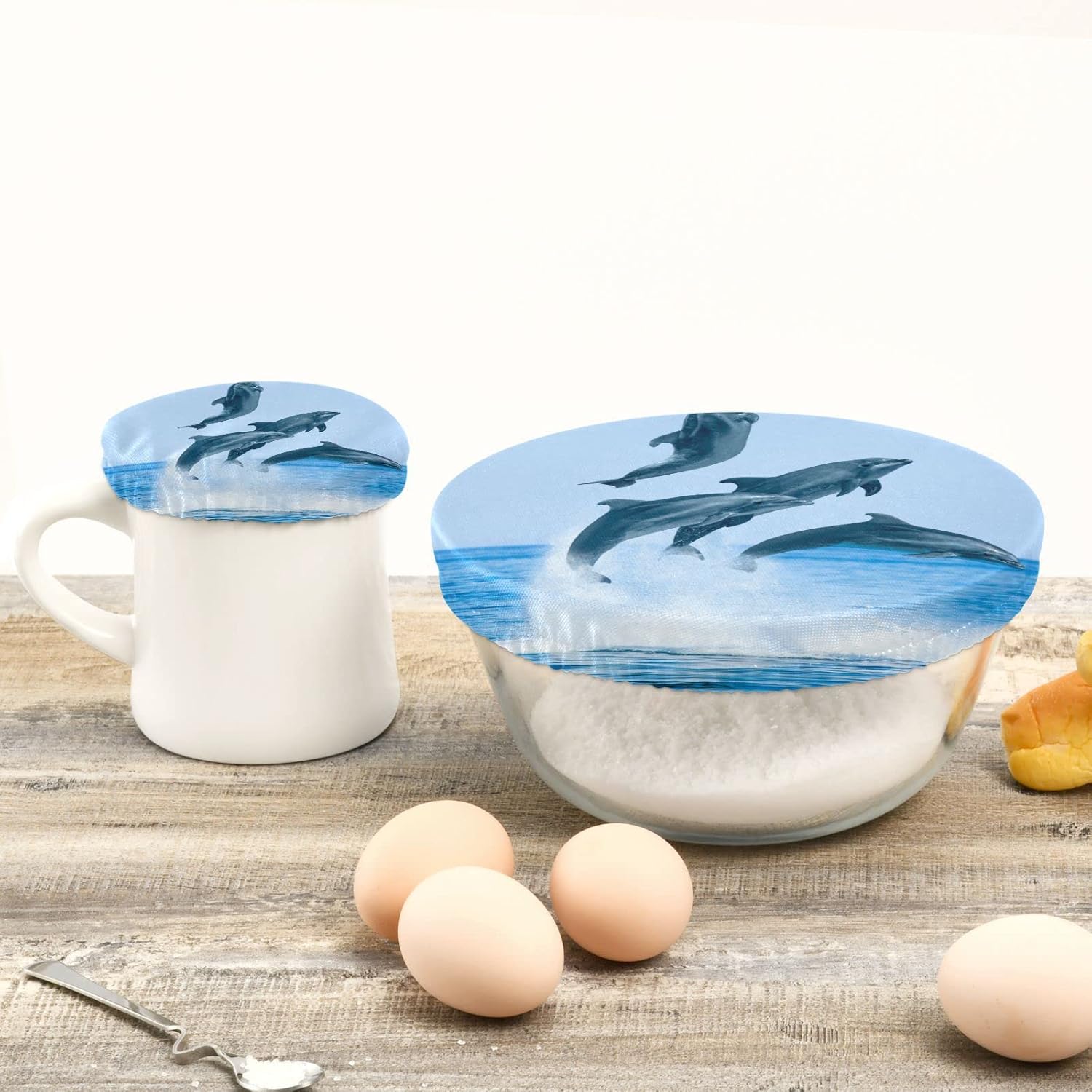 Sea Dolphins – 5 tapas elásticas de tela reutilizables para tazones, tazas, platos, ollas y sartenes