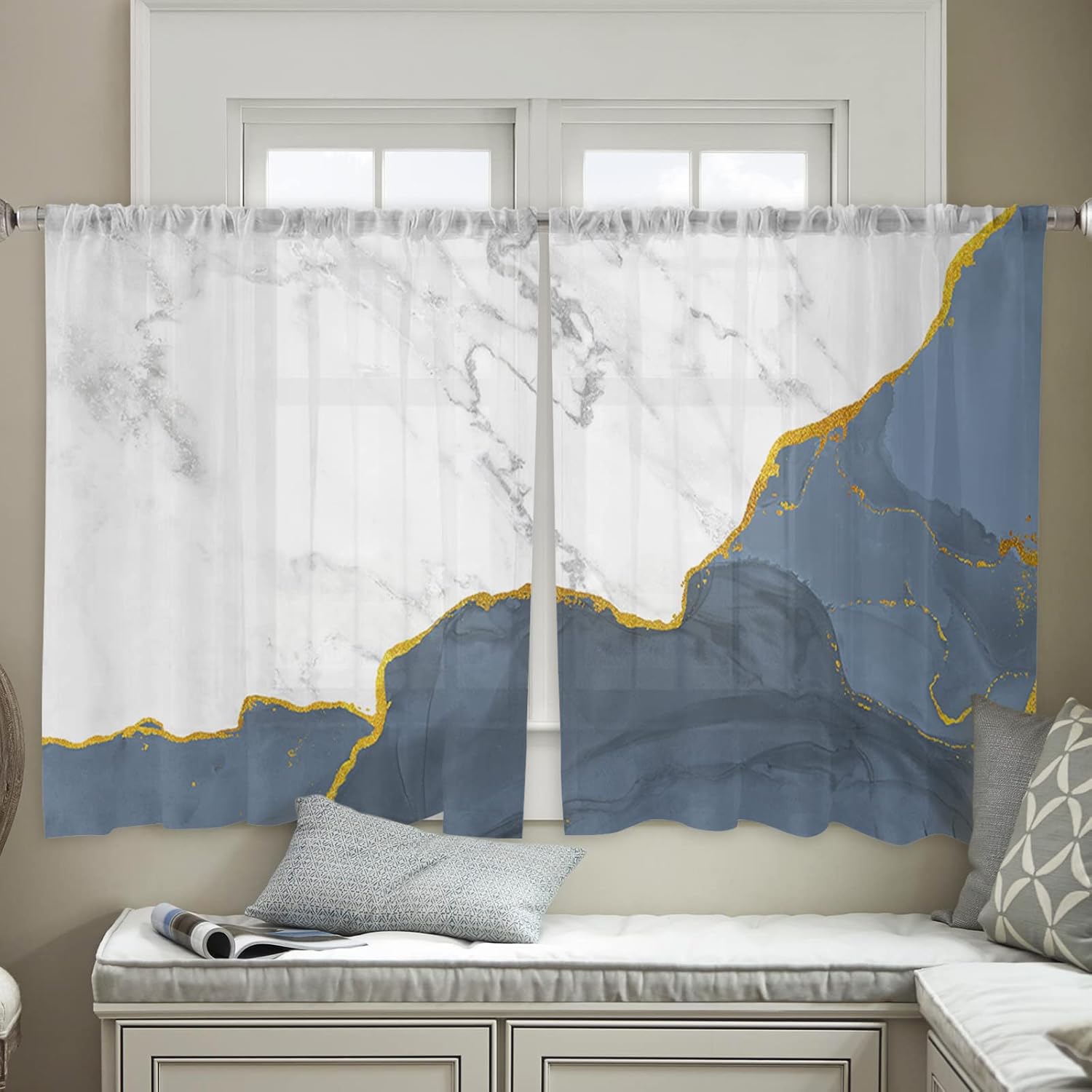 Sheer Curtains 54 Inch Long Blue White Marble Golden Lines Marble Abstract Art Modern Rod Pocket Voile Semi-Sheer Window Treatment Drapes for