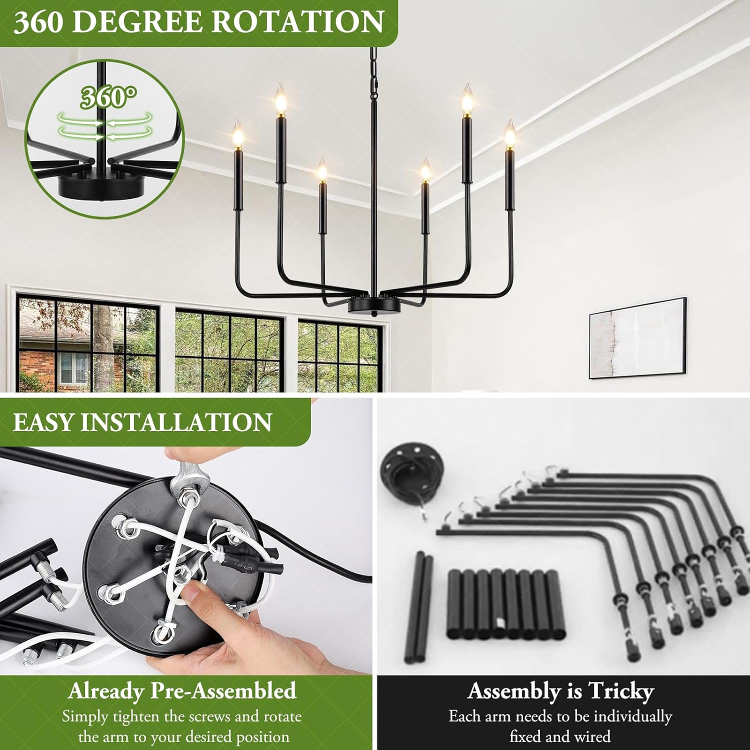 Candelabro negro, 6 luces modernas de granja para accesorios de iluminación de comedor, iluminación industrial rústica colgante de vela para