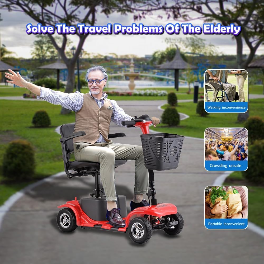 Skmc – Scooter de movilidad para adultos, personas mayores, 4 ruedas, dispositivo cargable eléctrico para viajes, ligero y portátil, con faros LED y
