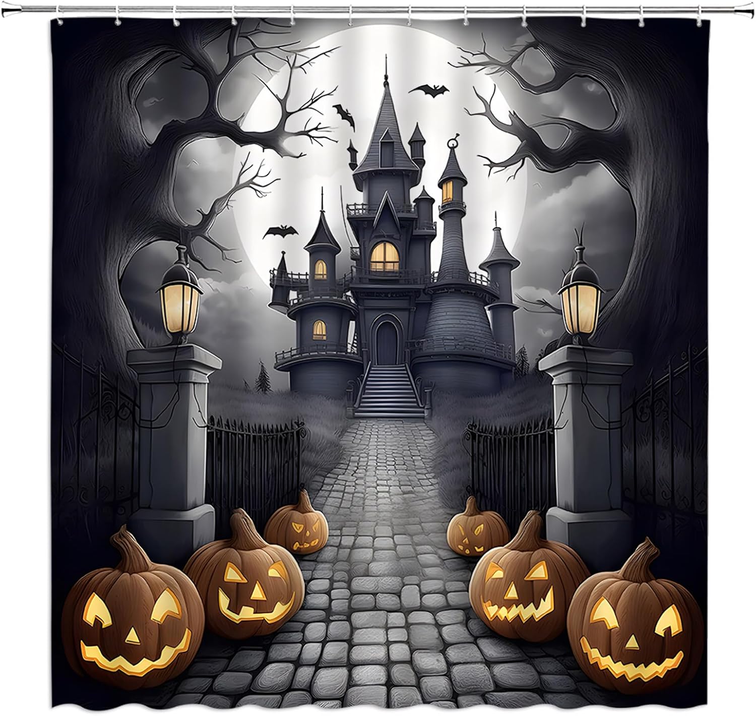 Cortina de ducha de Halloween, casa embrujada, espeluznante calabaza, horror, luna llena, espeluznante, árbol muerto, gótico, murciélagos negros,