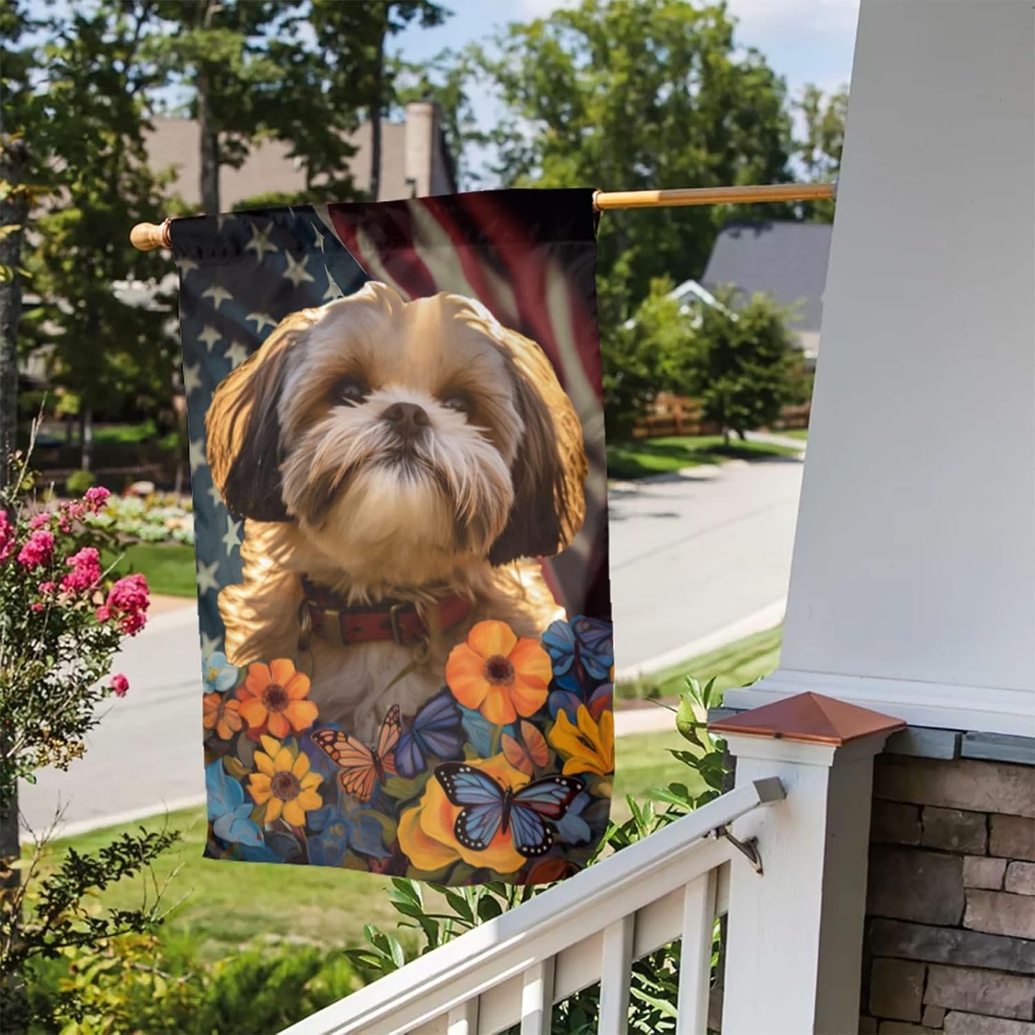 Bandera de jardín Shih Tzu Dogs – Bandera de Estados Unidos con diseño de girasol, 12 x 18 pulgadas, doble cara, decoración de patio al aire libre