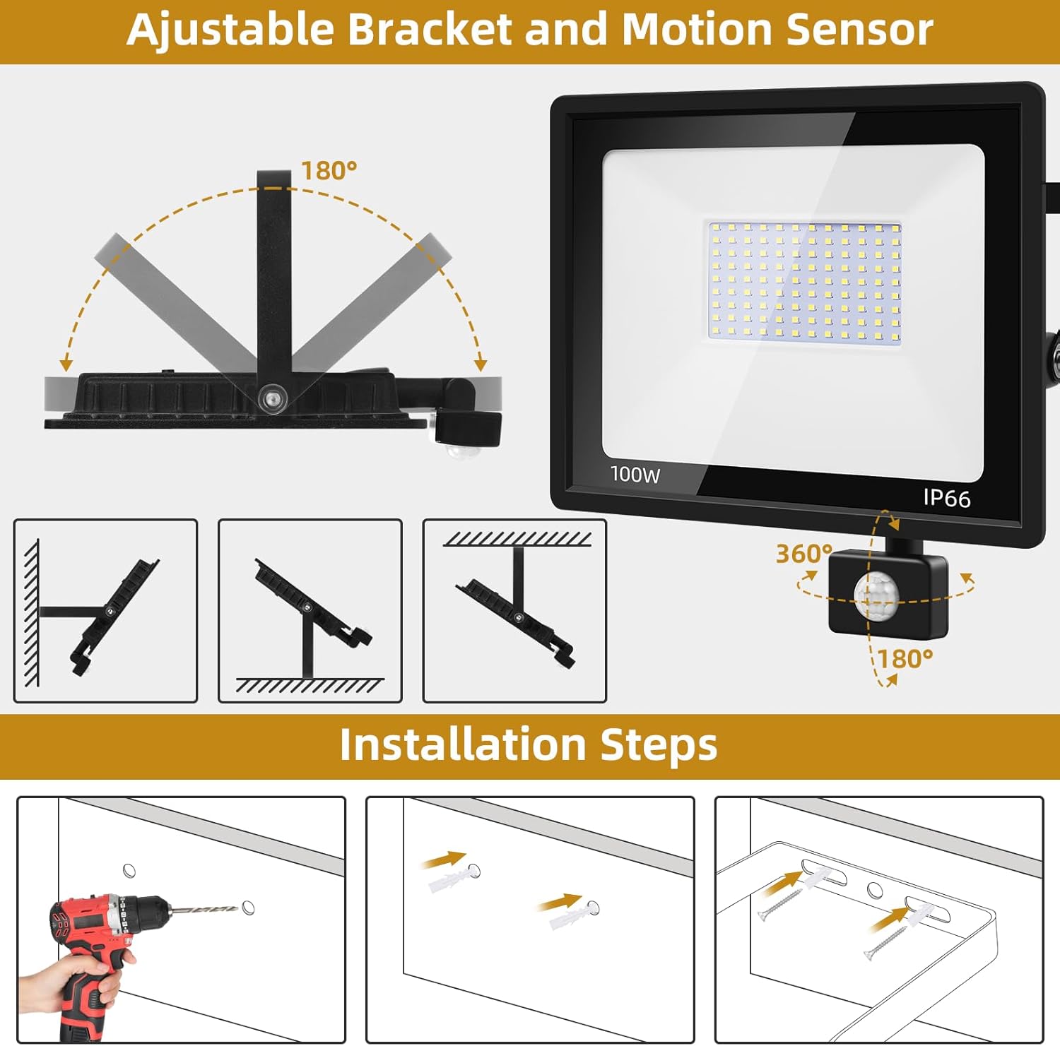 Paquete de 2 luces de inundación LED de 100 W, sensor de movimiento al aire libre, 10000 lm, 6500 K, luces de seguridad, movimiento al aire libre,