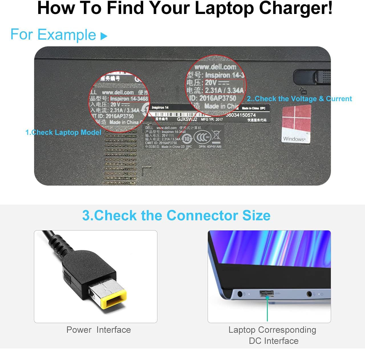 LQM Adaptador de CA de 20V 3.25A 65W USB-C Tip Cargador de Reemplazo para Lenovo Yoga 2 11 11s 13 2 Pro, Flex 2 15 15D 14 10, IdeaPad S210 U430