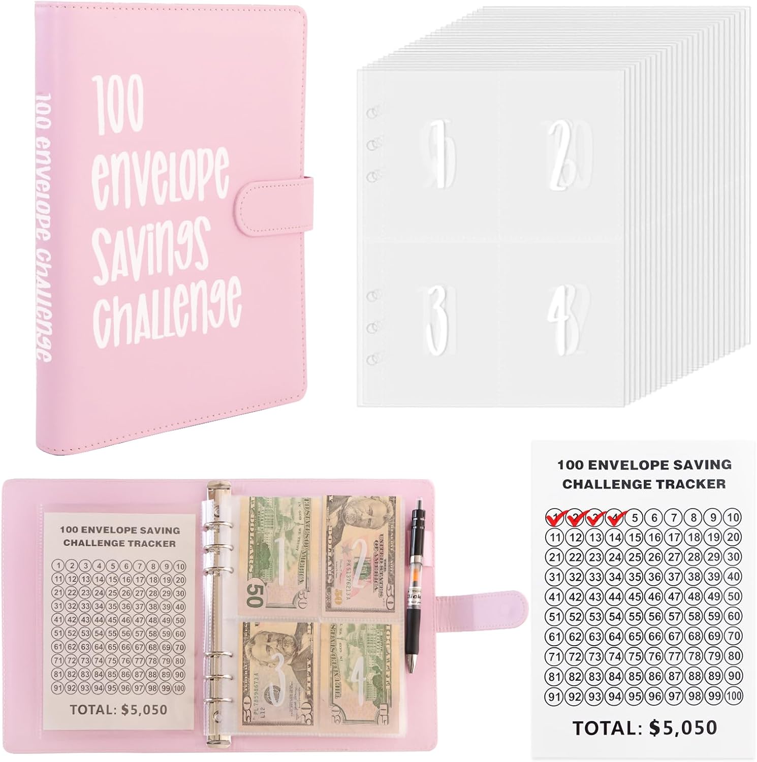 Desafío de ahorro de dinero de 100 sobres, carpeta de desafío de 100 sobres, carpeta de desafío de ahorro de dinero de 100 días con sobres de