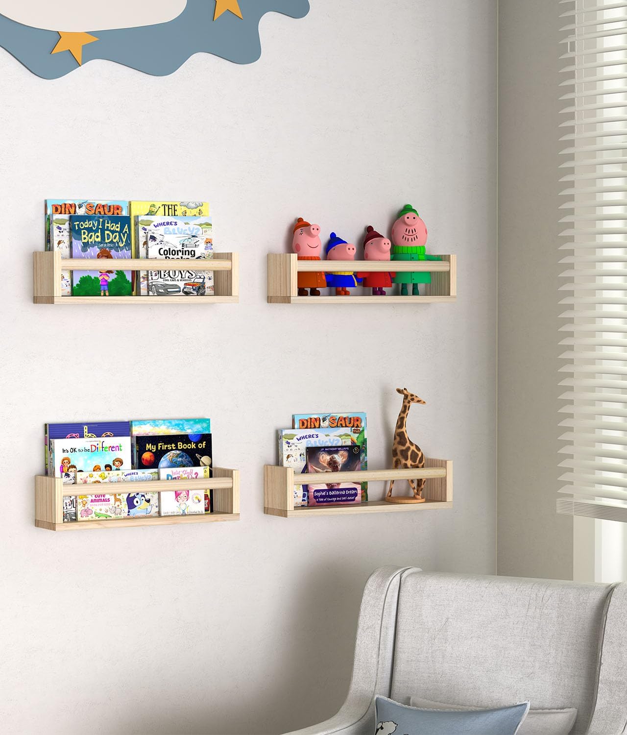 Estantes flotantes para pared, juego de 4 estantes para libros de guardería, estante para libros para niños, perfecto para habitación de niños,