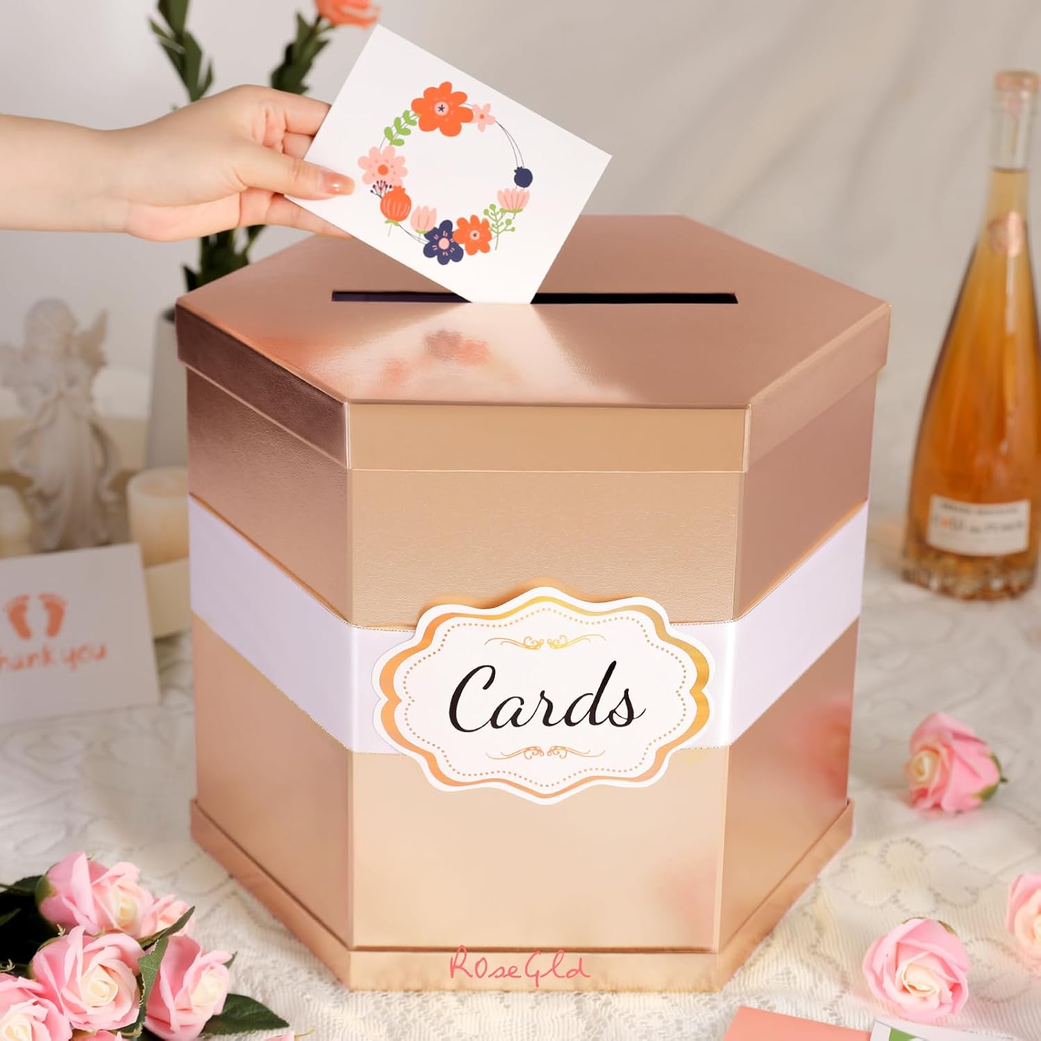 ROSEGLD Caja de tarjetas, caja de recepción de tarjetas con cinta de 14 x 12 x 12 pulgadas, elegante soporte para tarjetas para bodas, graduaciones,