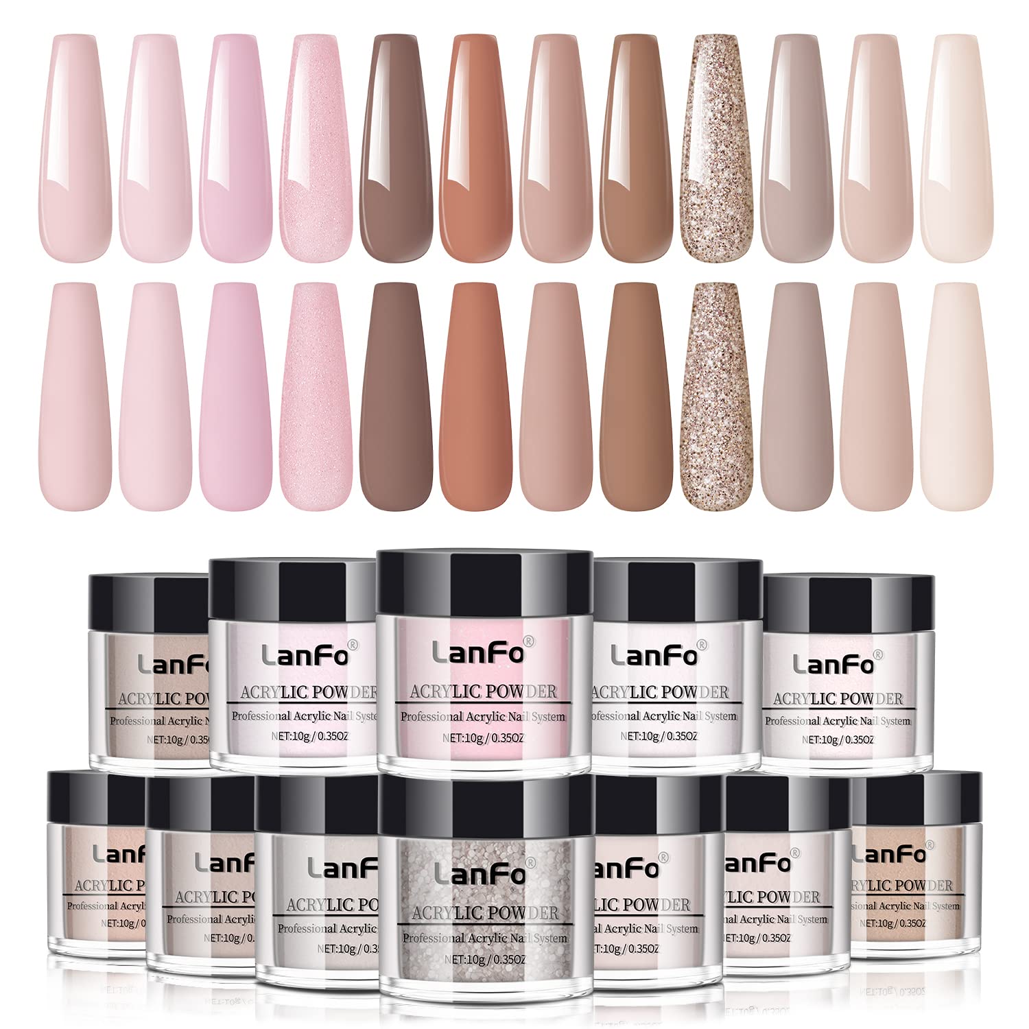 LanFo Juego de polvos acrílicos de 12 colores para uñas, polvo acrílico rosa, marrón, brillantina, polvo acrílico profesional, extensión de polvo de