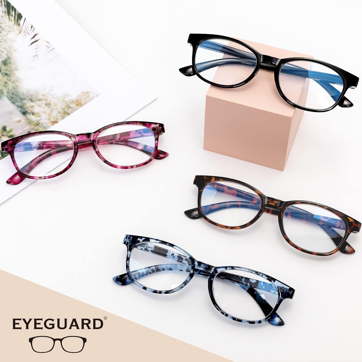 EYEGUARD Gafas de lectura con luz azul, paquete de 4 lectores de bisagra de resorte de moda para mujer