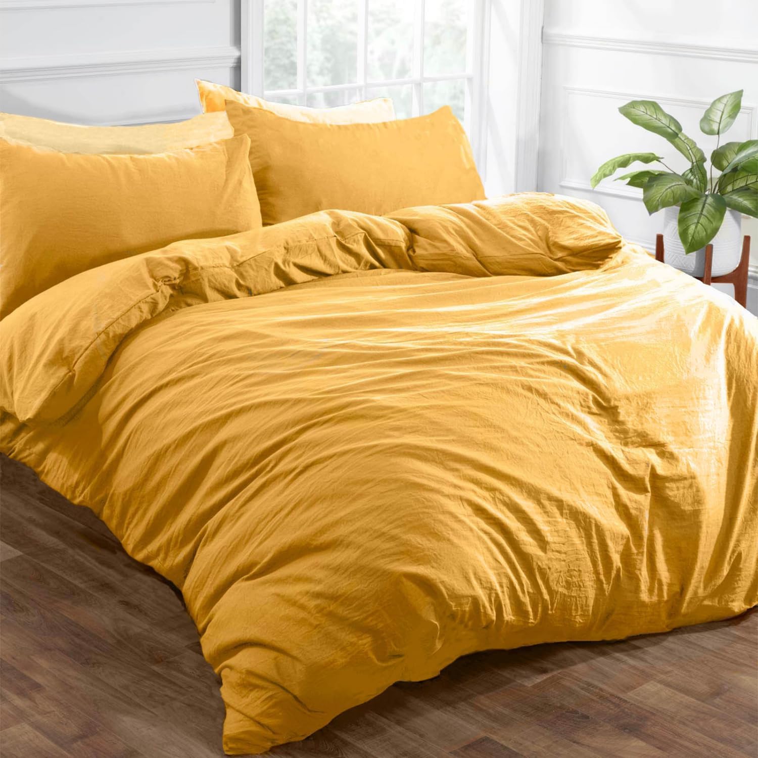 Brentfords Funda de edredón amarilla tamaño King con 2 fundas de almohada, juego de ropa de cama de microfibra cepillada de lino lavado súper suave,