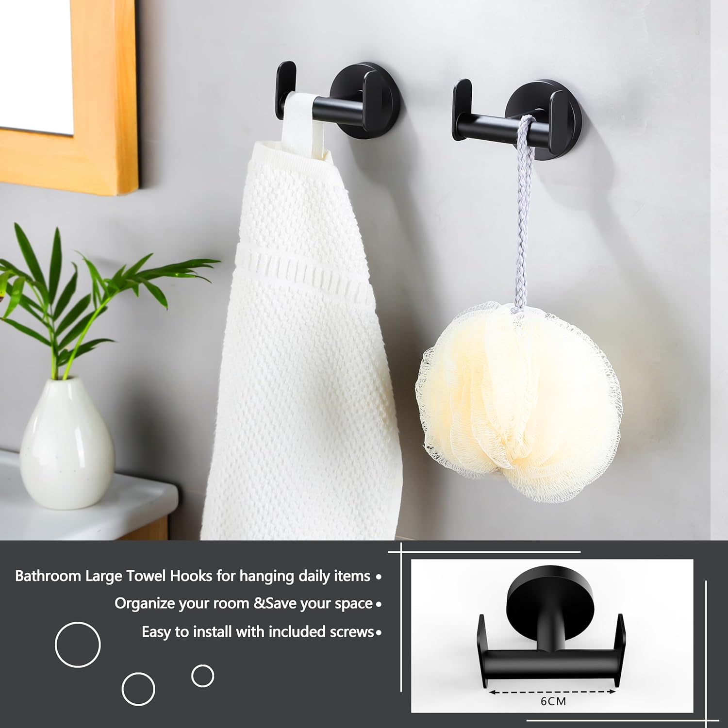 DELITON Ganchos para toallas de baño montados en la pared, gancho de doble pared resistente para colgar abrigos, batas, ropa, acero inoxidable,