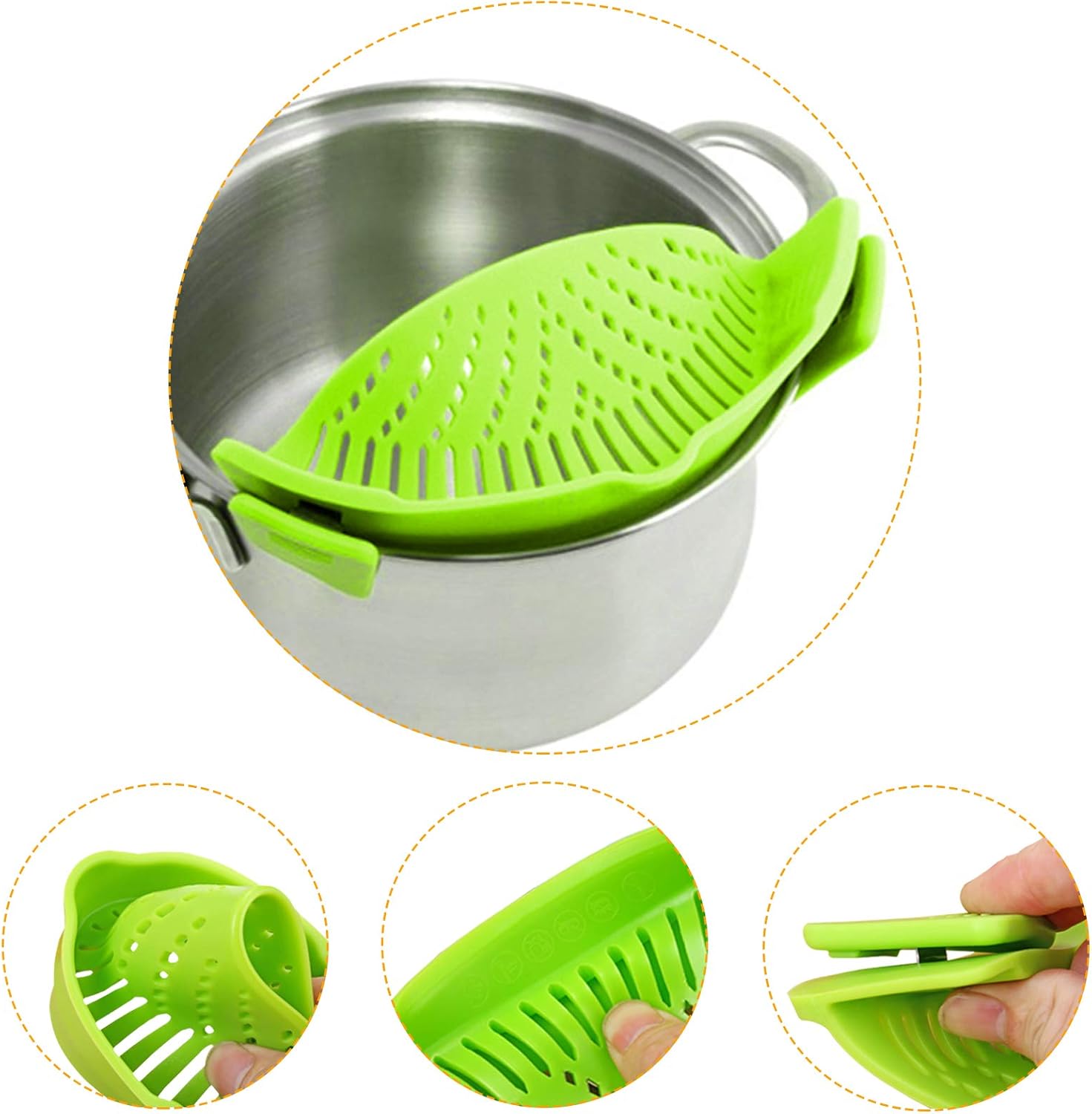 findTop – Juego de 4, colador a presión y salvamanteles de silicona plegables antideslizantes, con clip resistente al calor, boquilla de vertido y