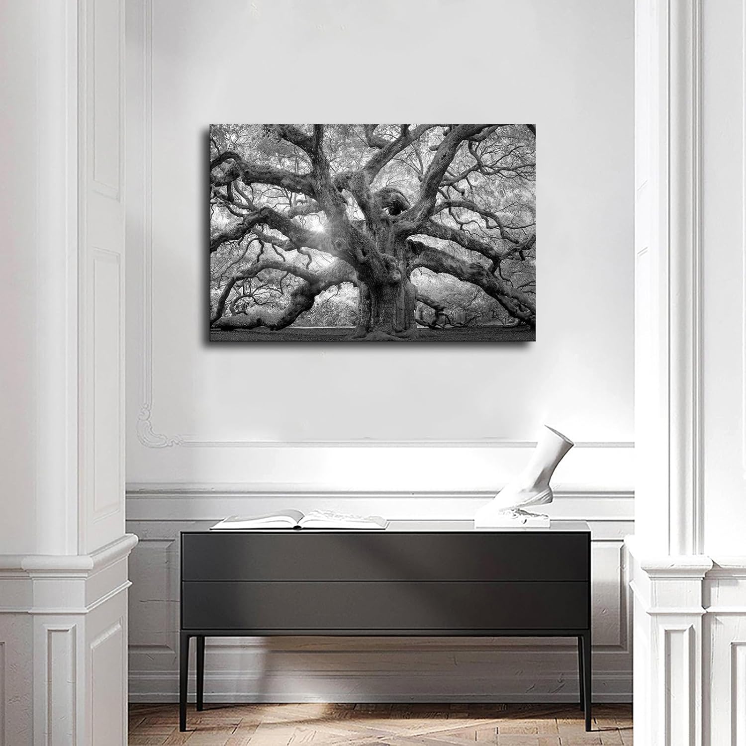 DesPol Póster en lienzo con diseño de árbol de roble de ángel, de Charleston, Carolina del Sur, color blanco y negro, arte de pared para sala de